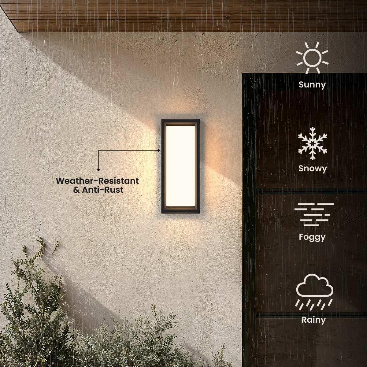 Hollis black square outdoor sconce on a stucco wall, weather-resistant and anti-rust callout with weather icons