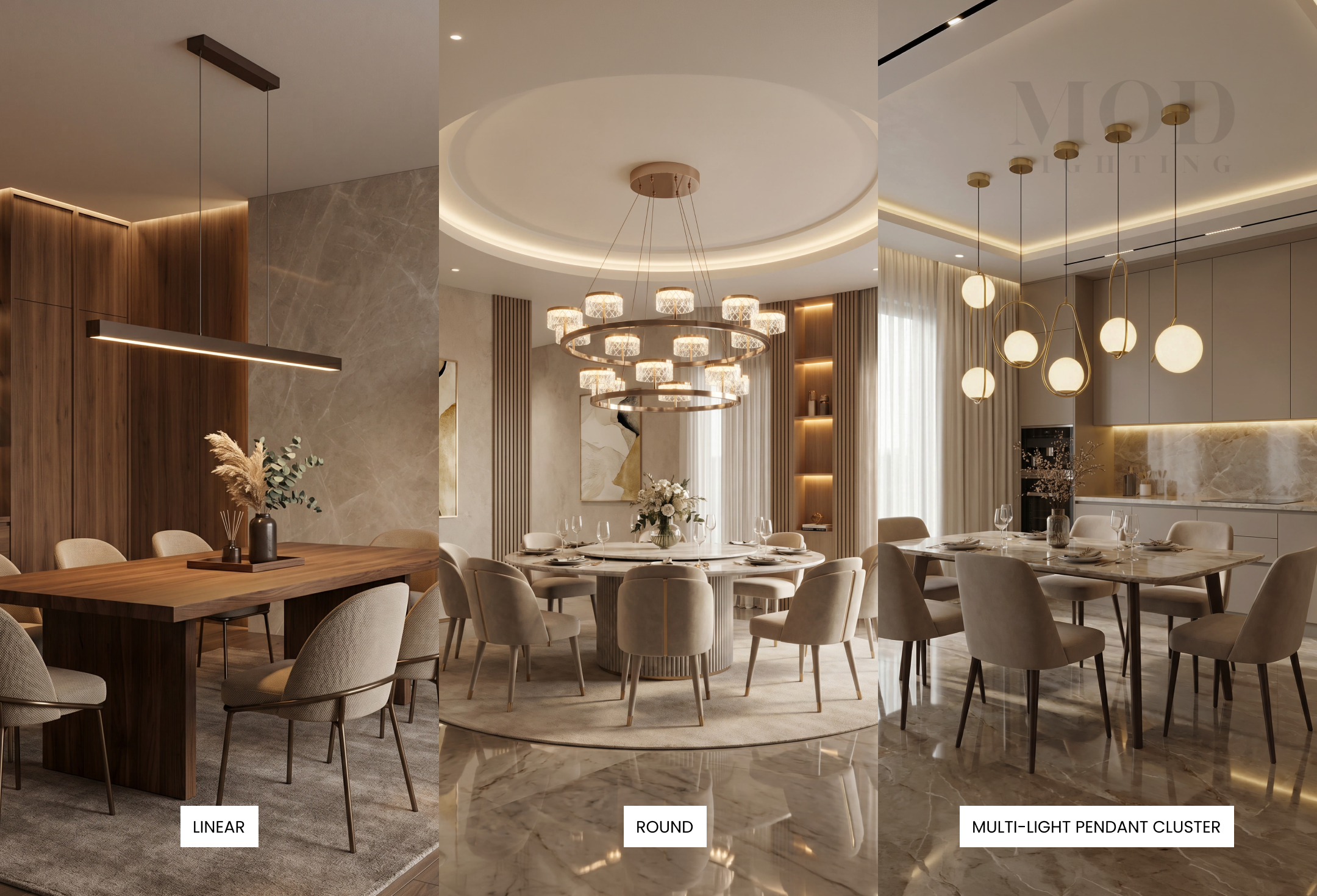  linear, round, and multi-light pendant cluster