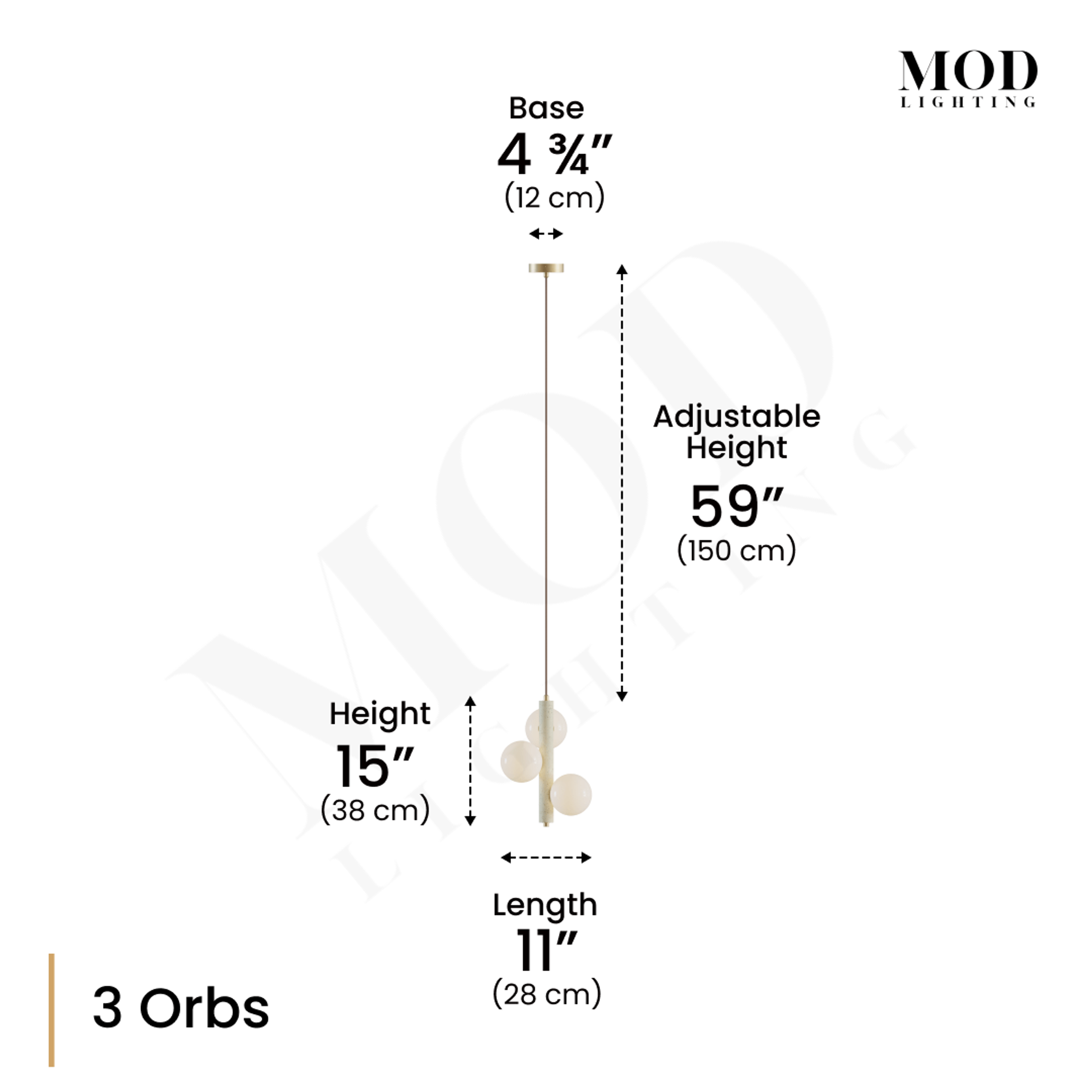 Arabella Pendant, 3-orb travertine version, dimension diagram: 15 in fixture height, 11 in length, 59 in adjustable height