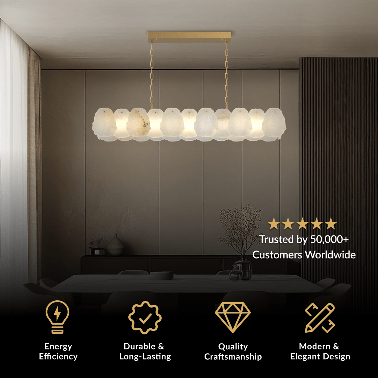 Alba Pendant, linear cluster of layered white alabaster petals on a brass frame, over a dining table