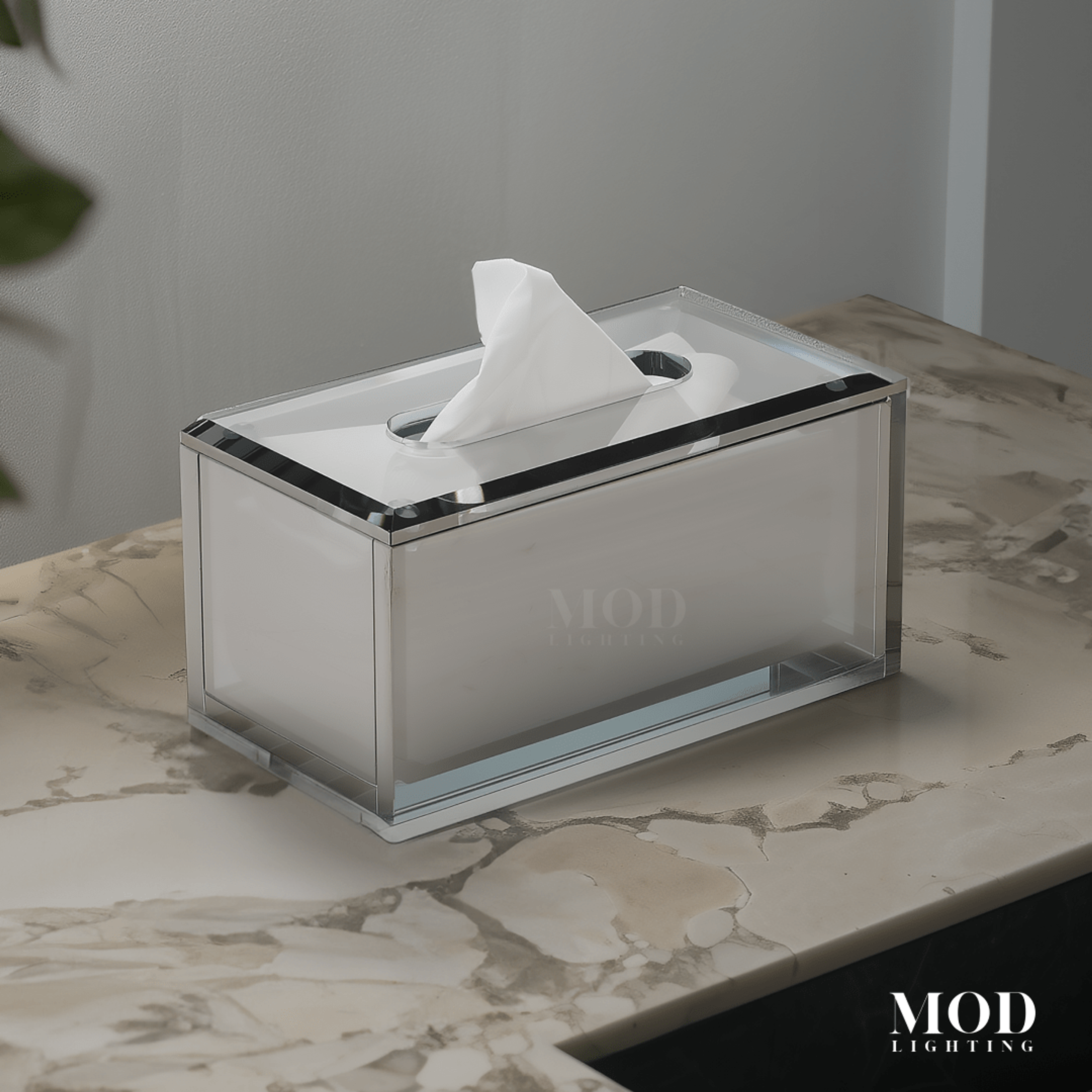 Moonlit Crystal Tissue Box, smoky crystal rectangular cover with mirrored base on a marble counter