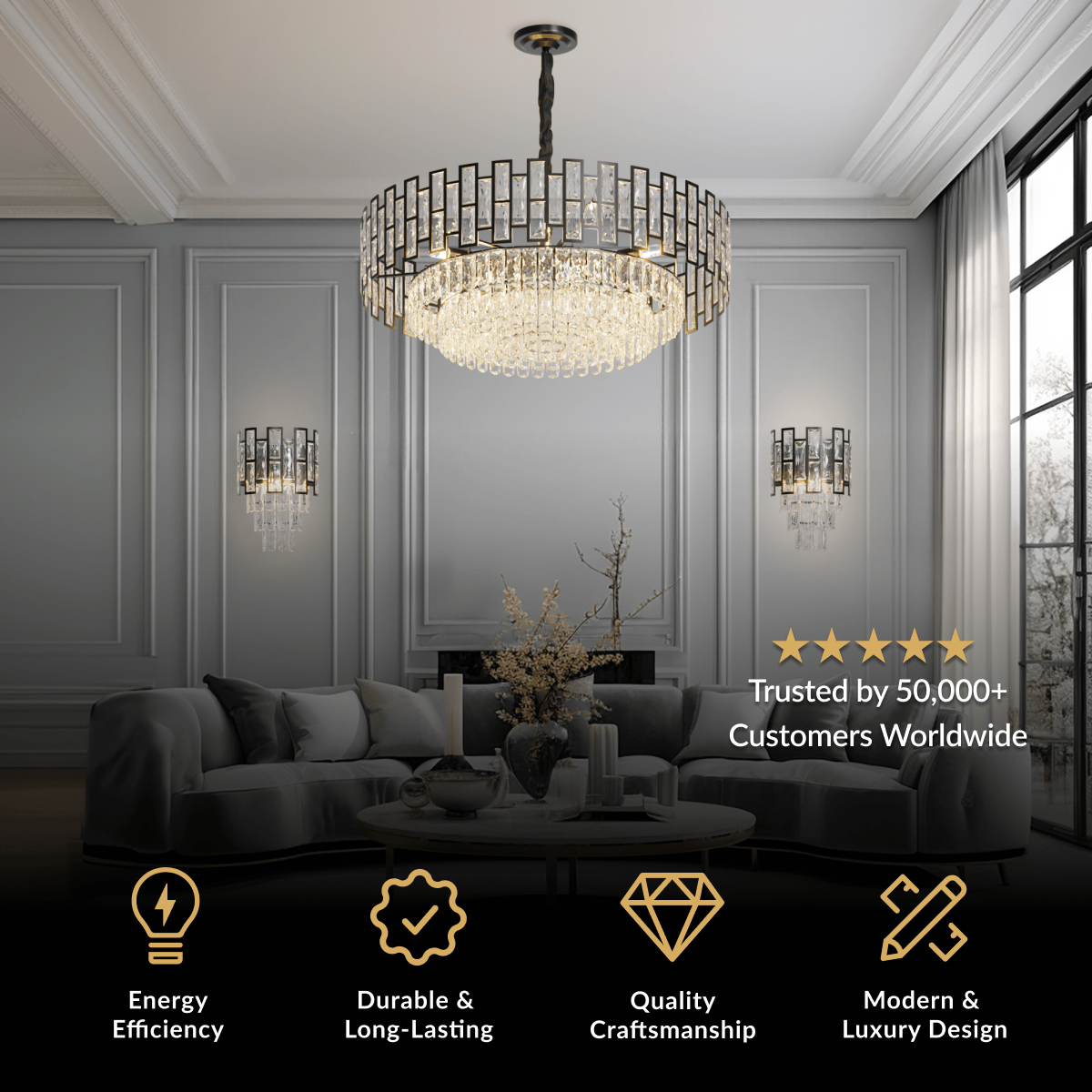 Raven Chandelier, round tiered black drum with clear crystal rods, over a living room seating area