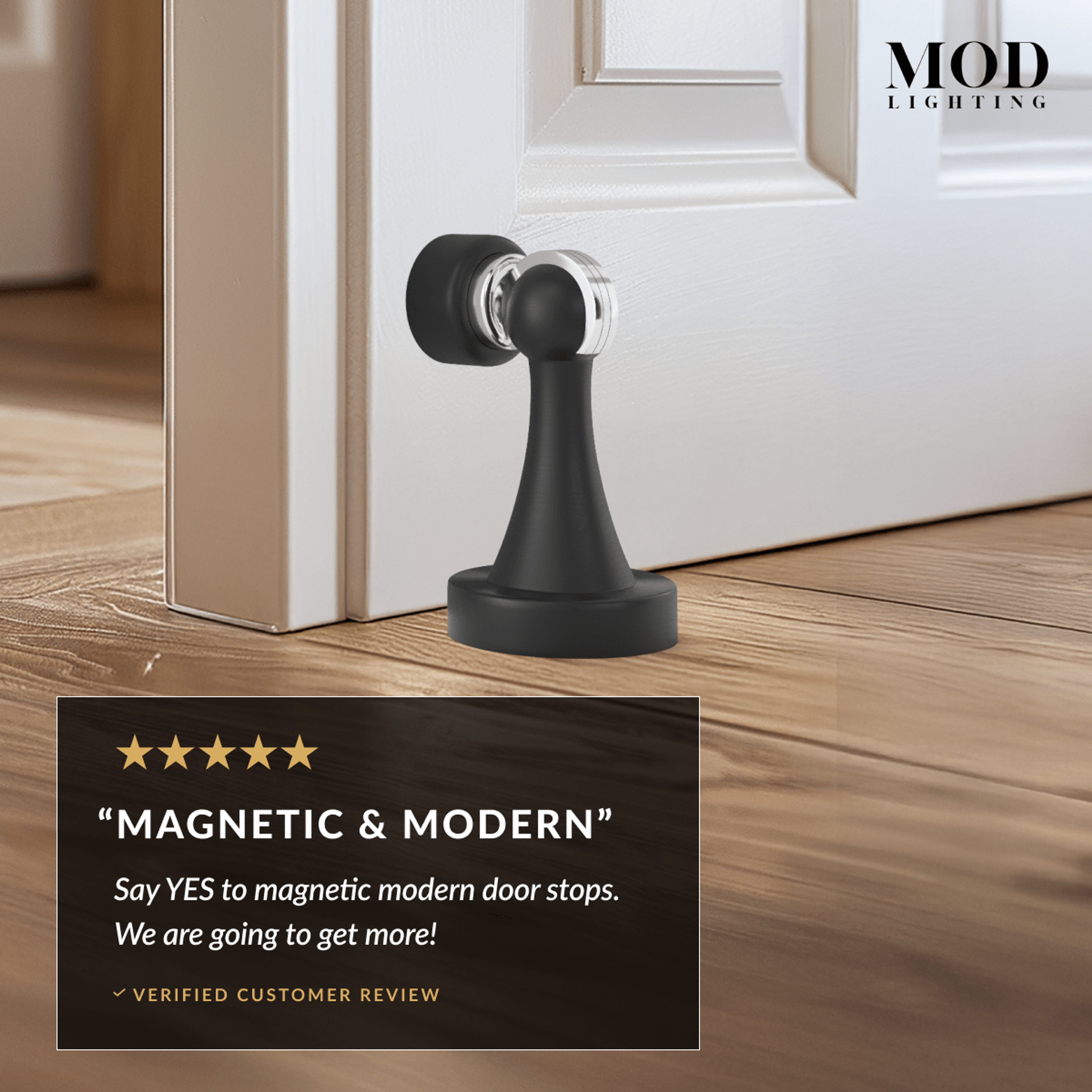 Noka black magnetic bell-shaped door stop holding a door, with five-star customer review
