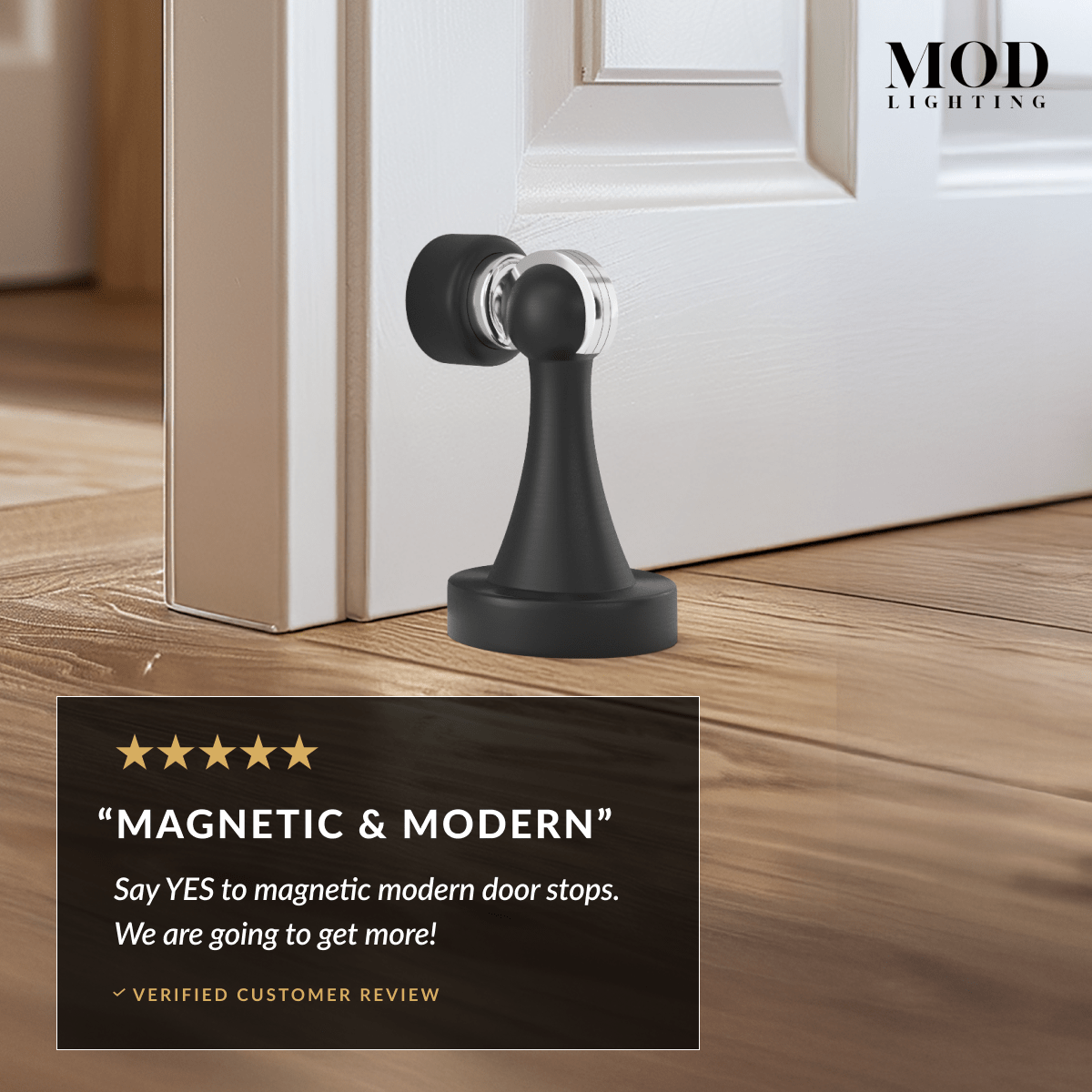 Noka black magnetic bell-shaped door stop holding a door, with five-star customer review
