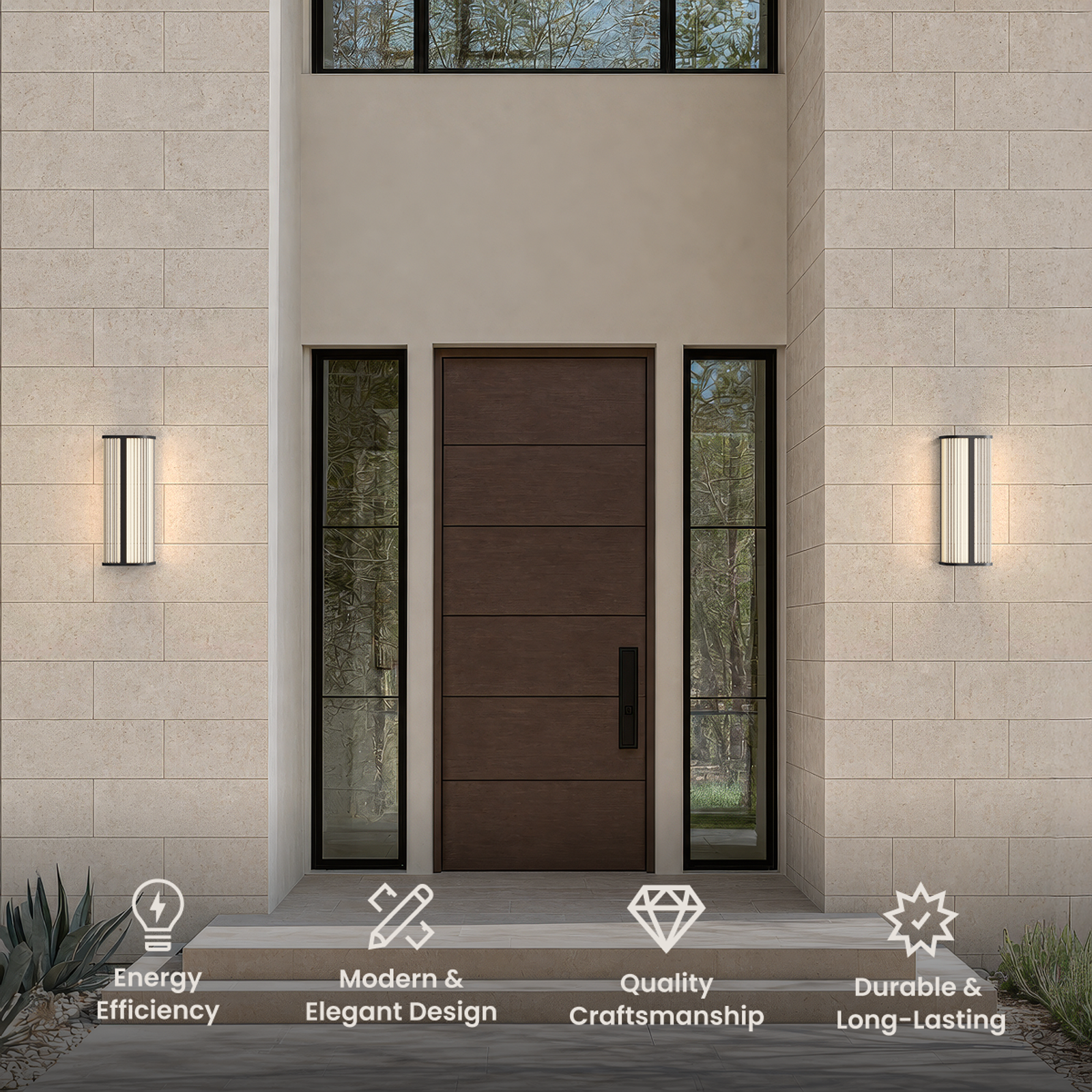 Arden black outdoor sconces flanking a wood front door, with energy, design, craftsmanship and durability icons