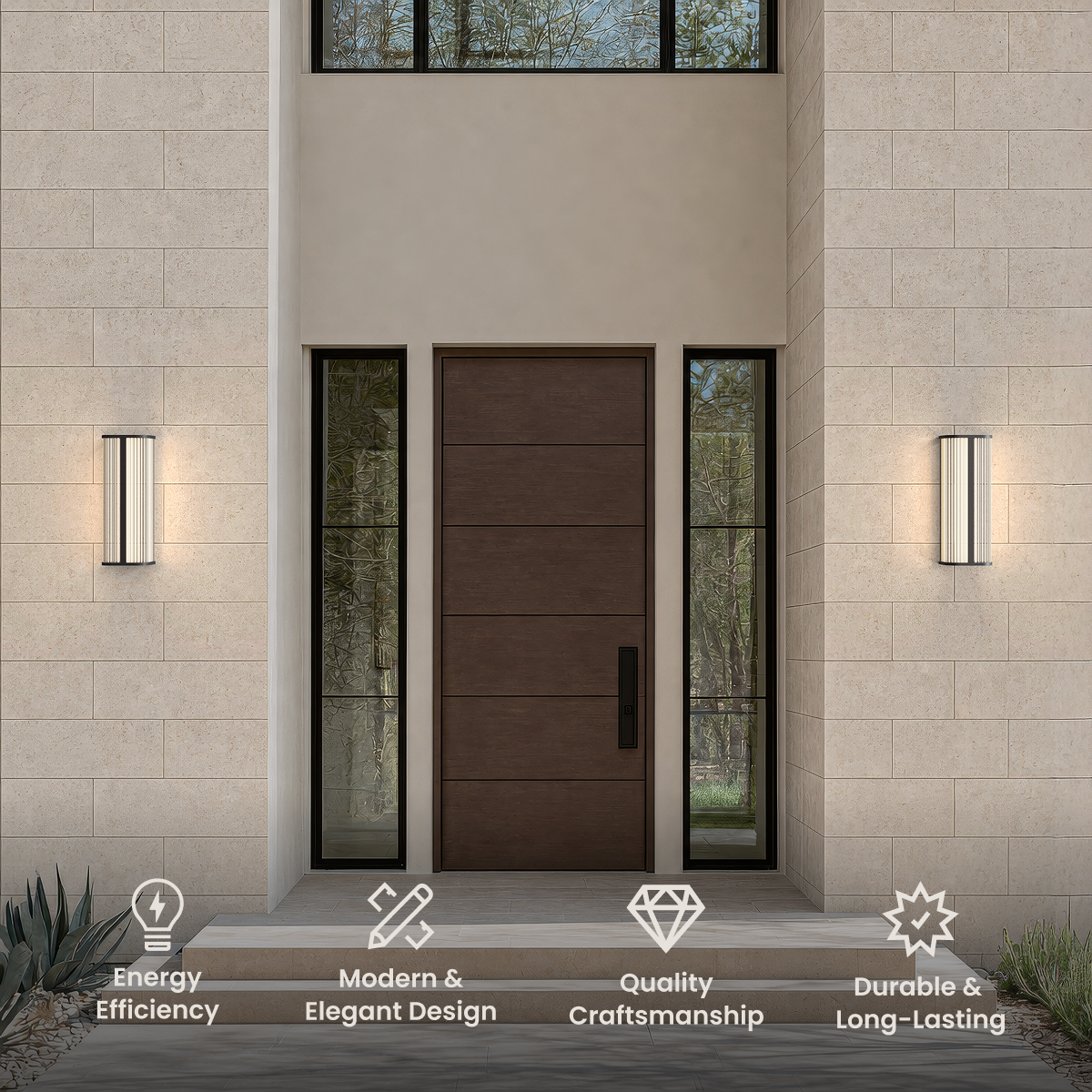 Arden black outdoor sconces flanking a wood front door, with energy, design, craftsmanship and durability icons