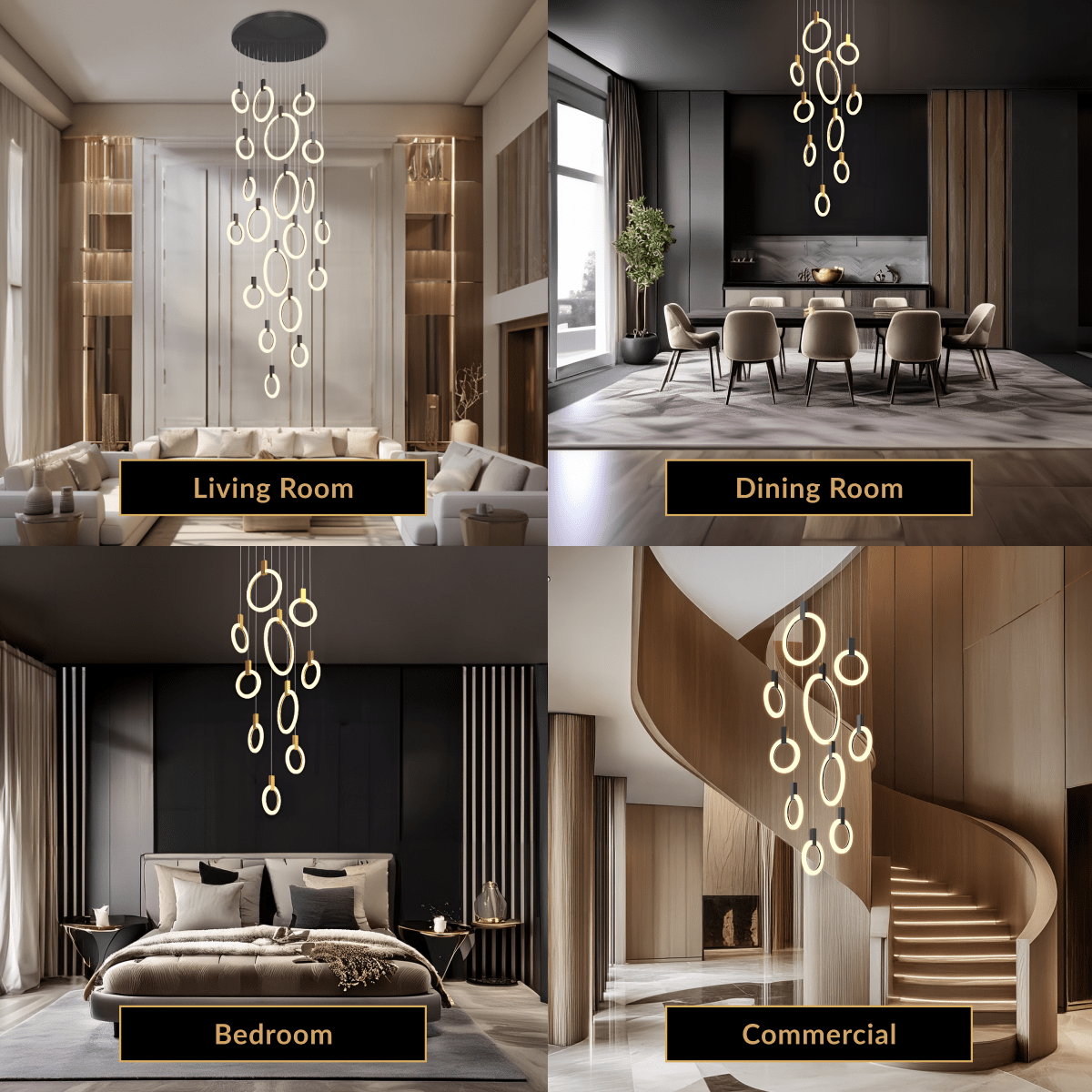 Skyla hanging chandelier, cascade of gold-ringed LED loops in a stairwell and double-height living space