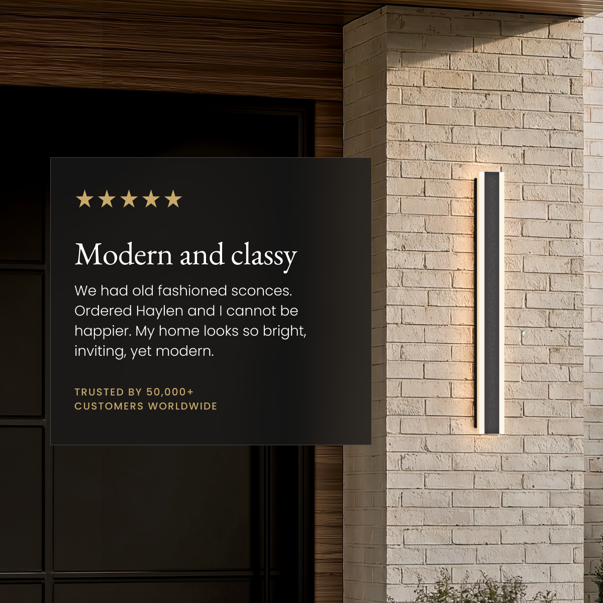 Haylen LED wall light on a stone column beside a five-star customer review quote