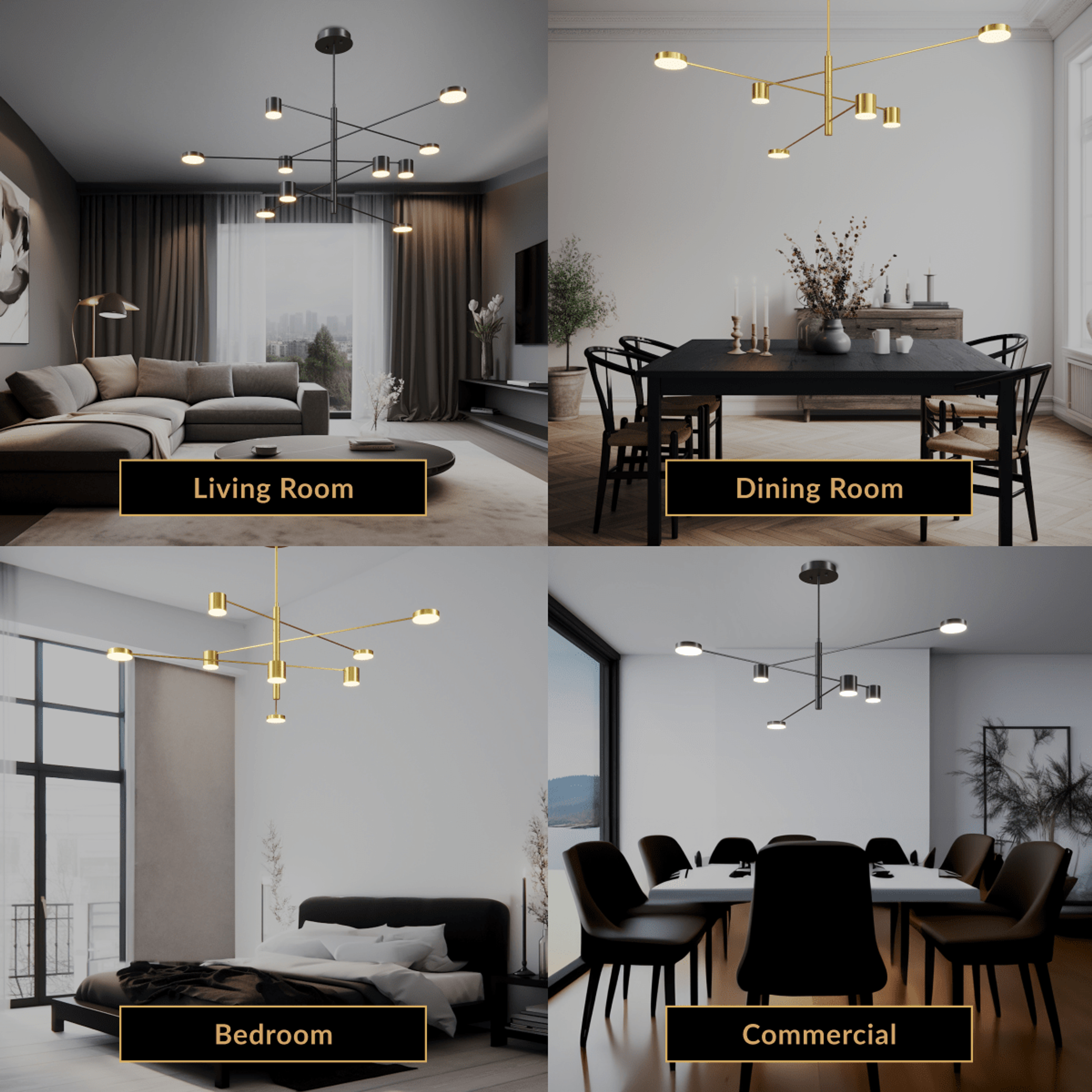 Lynx chandelier shown in living room, dining room, bedroom, and commercial settings; black and gold sputnik arms
