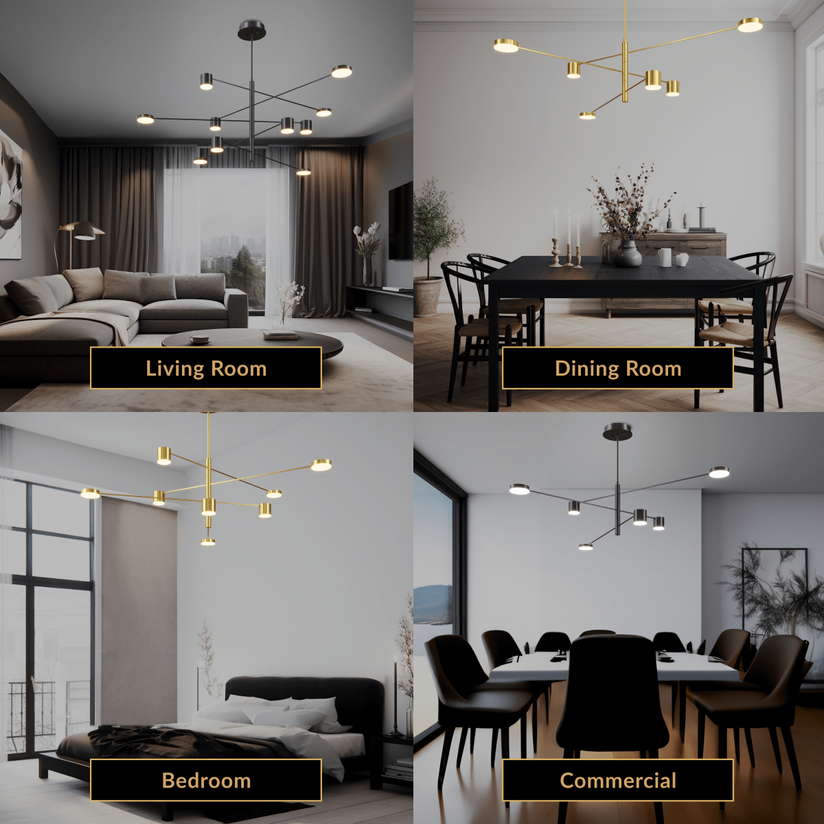 Lynx chandelier shown in living room, dining room, bedroom, and commercial settings; black and gold sputnik arms