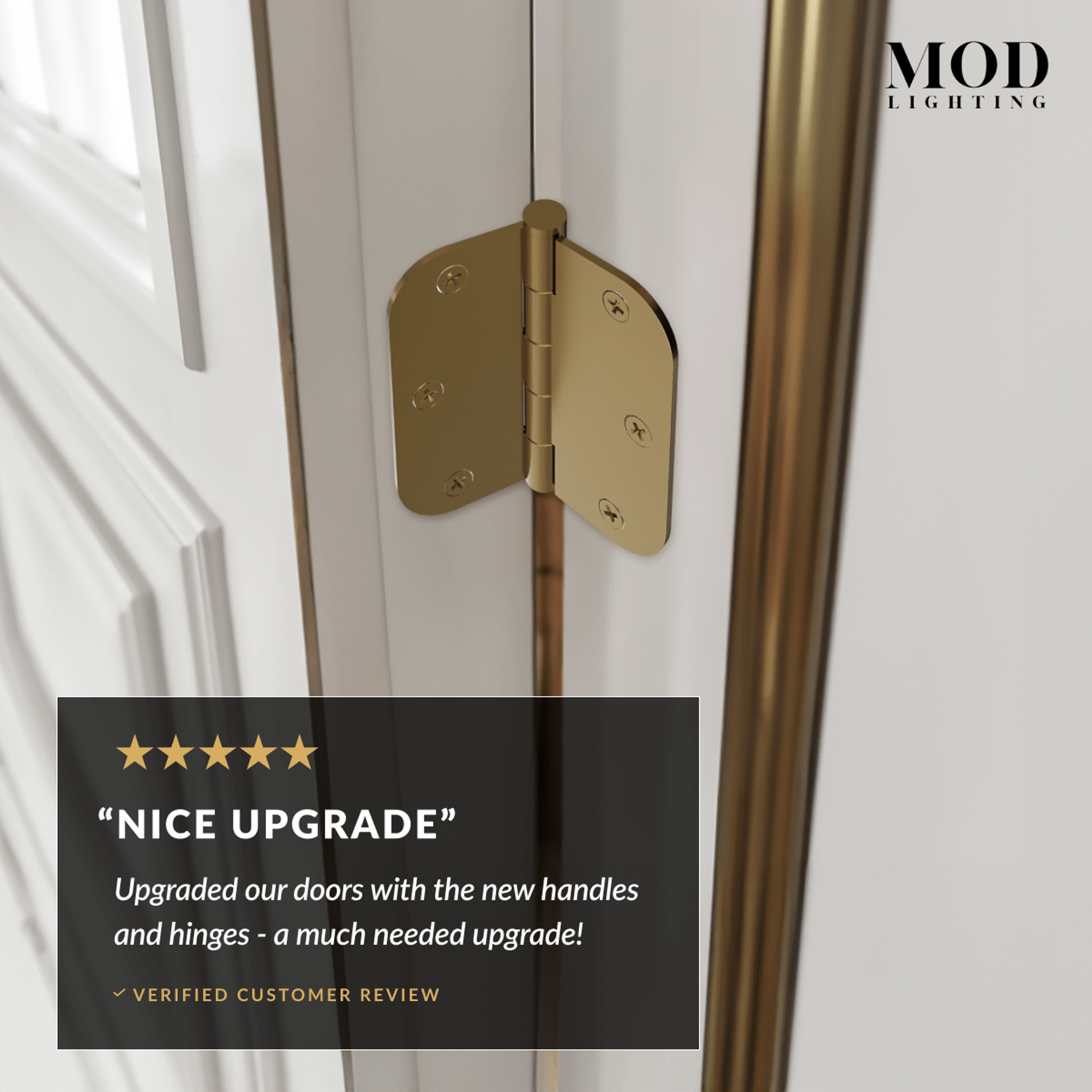 Modern Door Hinge in brushed gold mounted on a white panel door edge