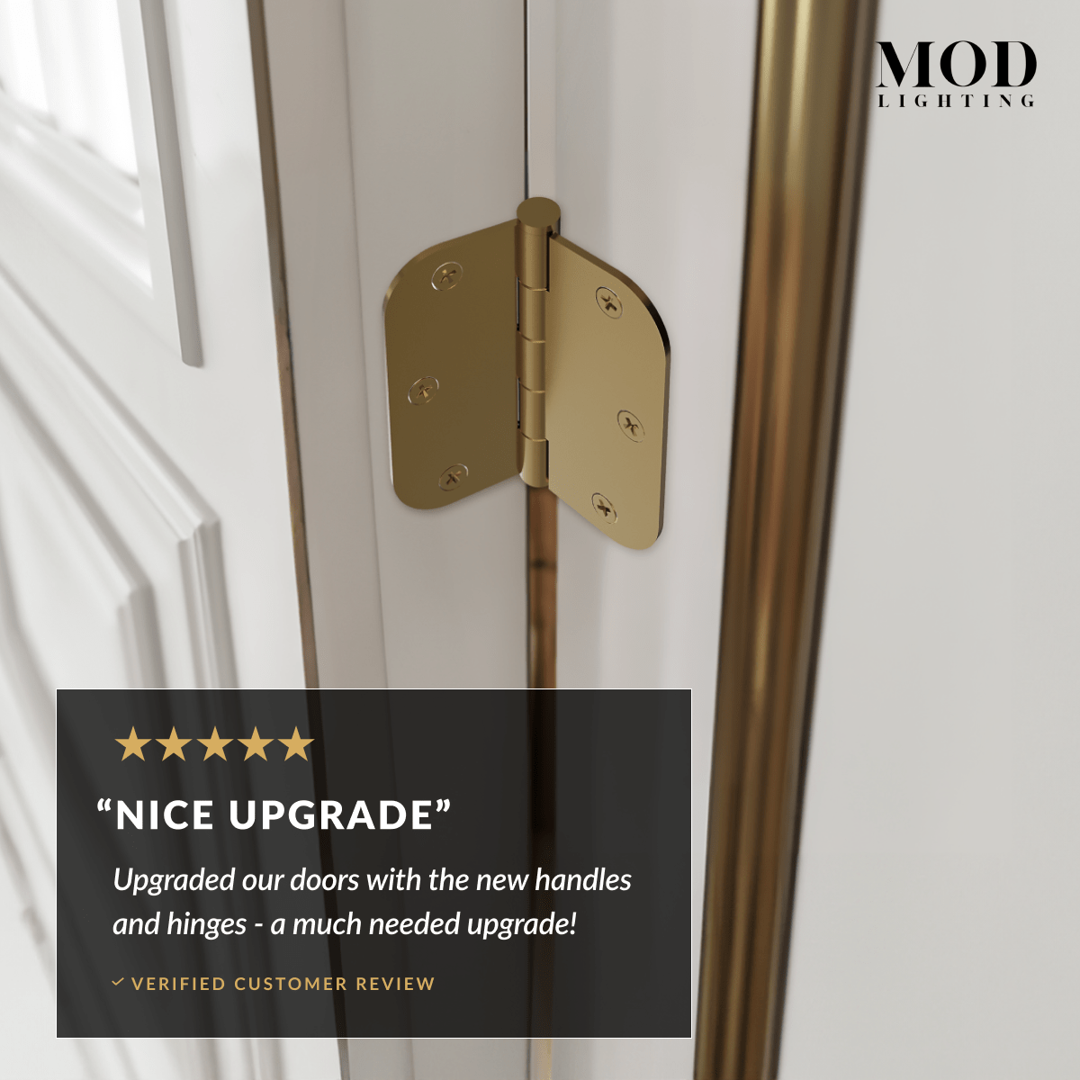 Modern Door Hinge in brushed gold mounted on a white panel door edge