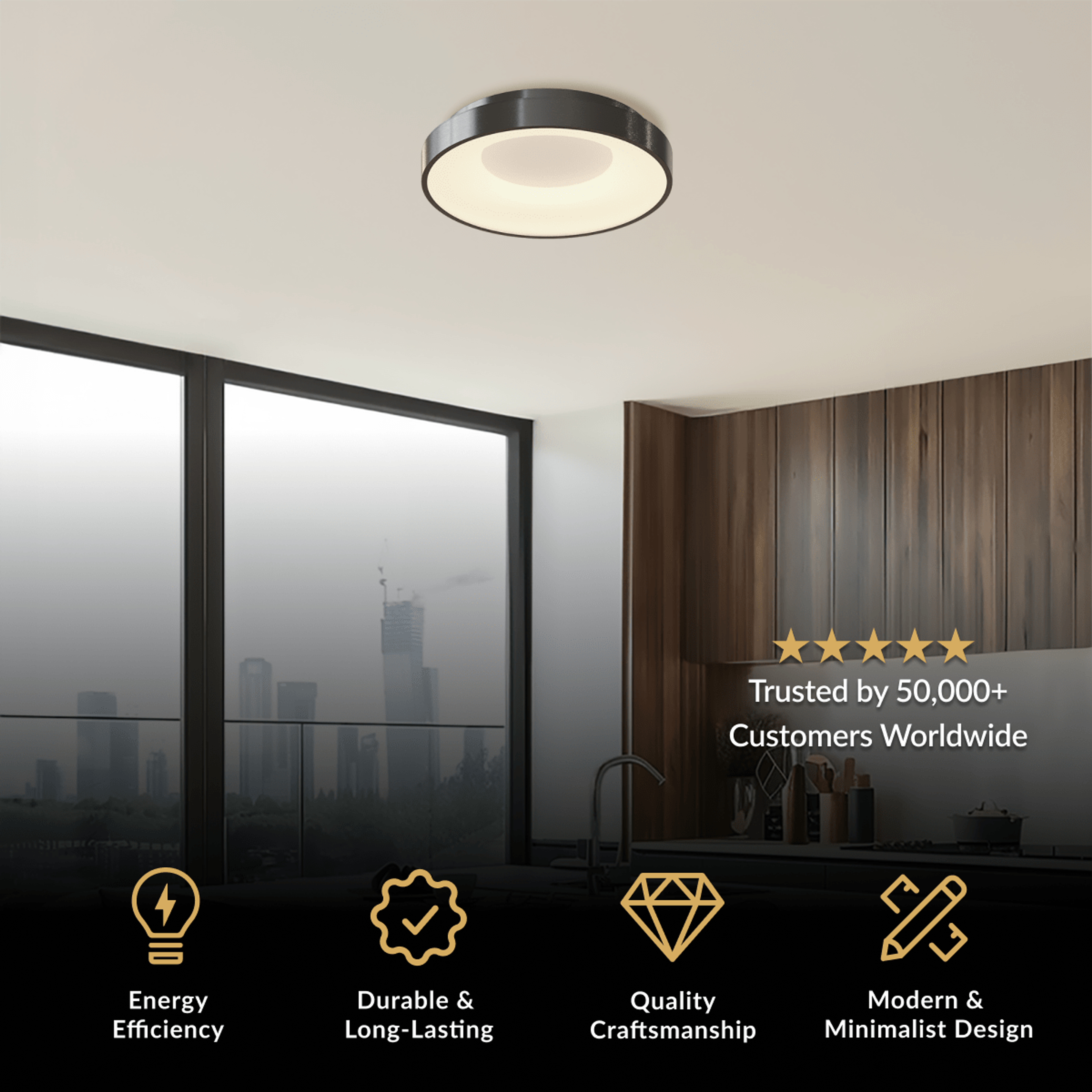 Bryce, round black and brushed-metal LED ceiling flush mount on a white ceiling by a window