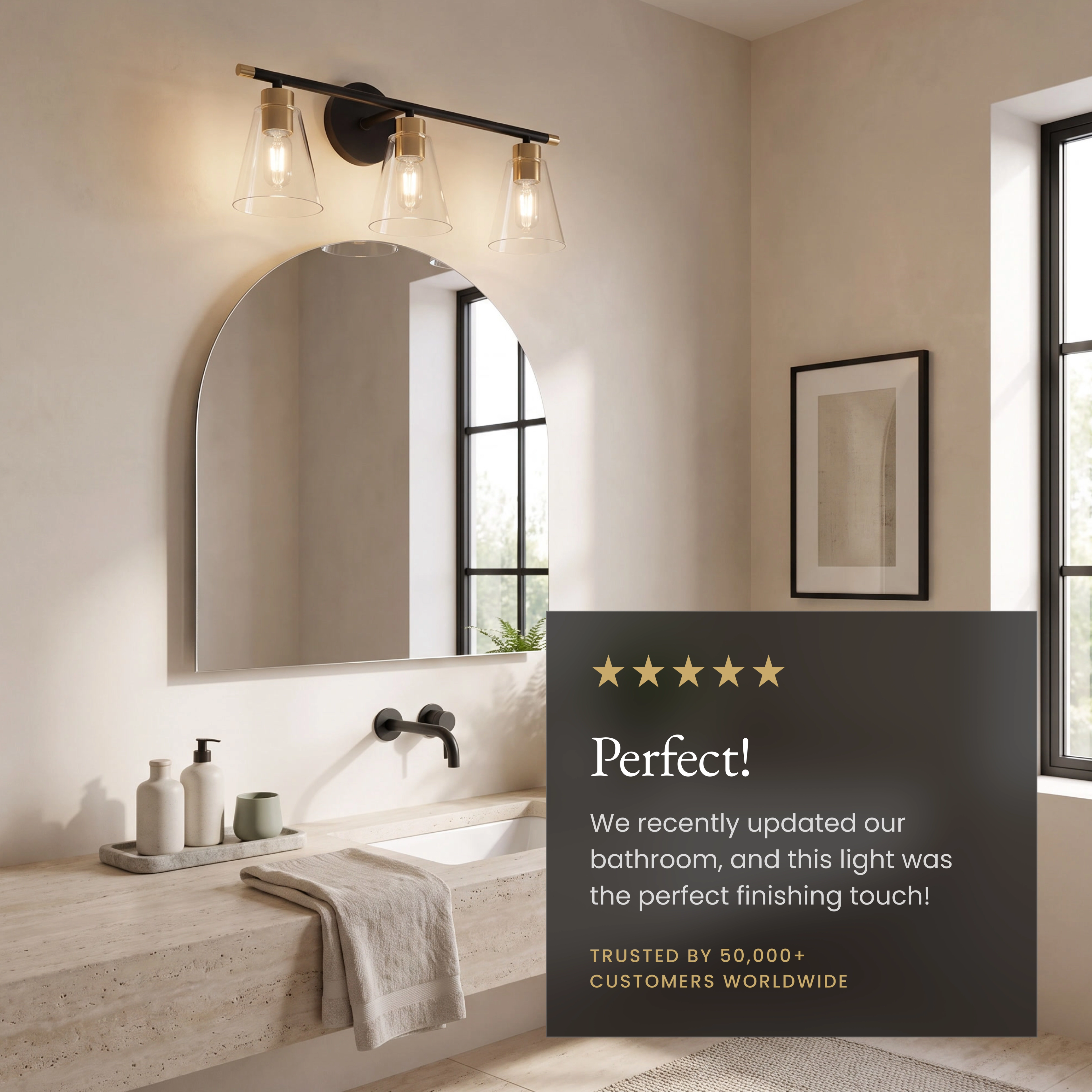 Sienna three-light black-and-gold vanity light over a mirror, with a five-star Perfect customer review