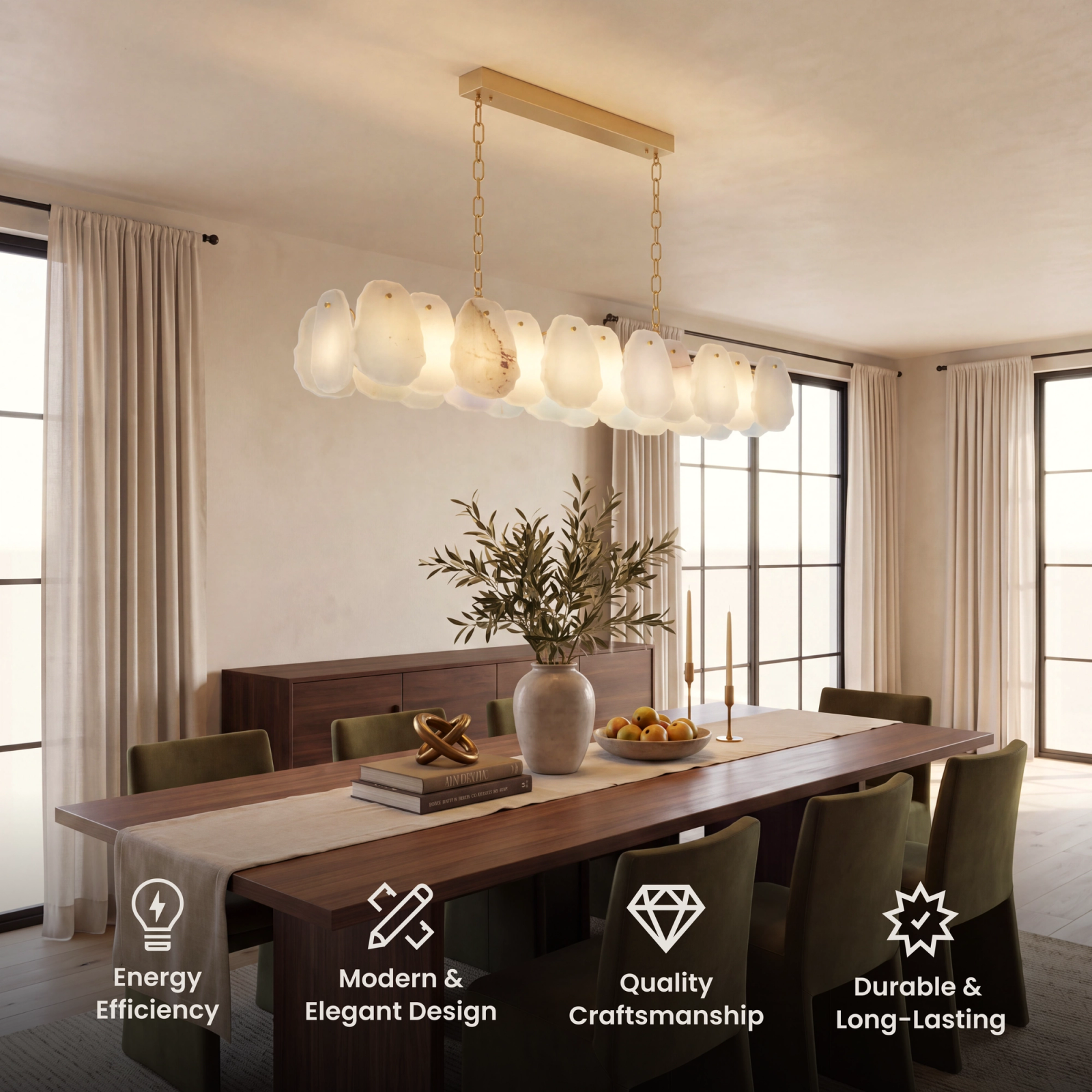 Alba Pendant Smart linear alabaster pendant over a dining table, with feature icons
