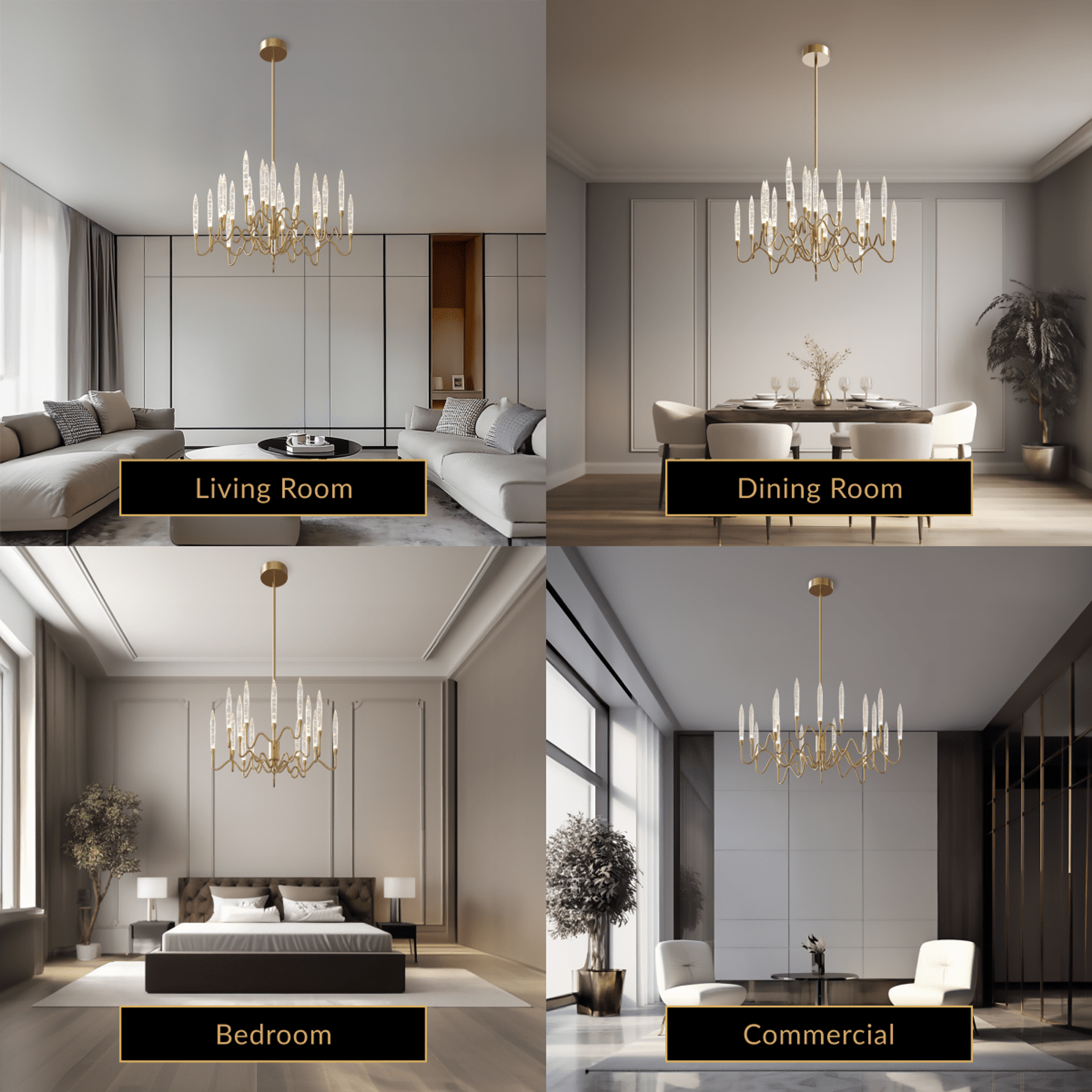 Kanderella gold crystal chandelier shown in four room settings: living room, dining room, bedroom and commercial