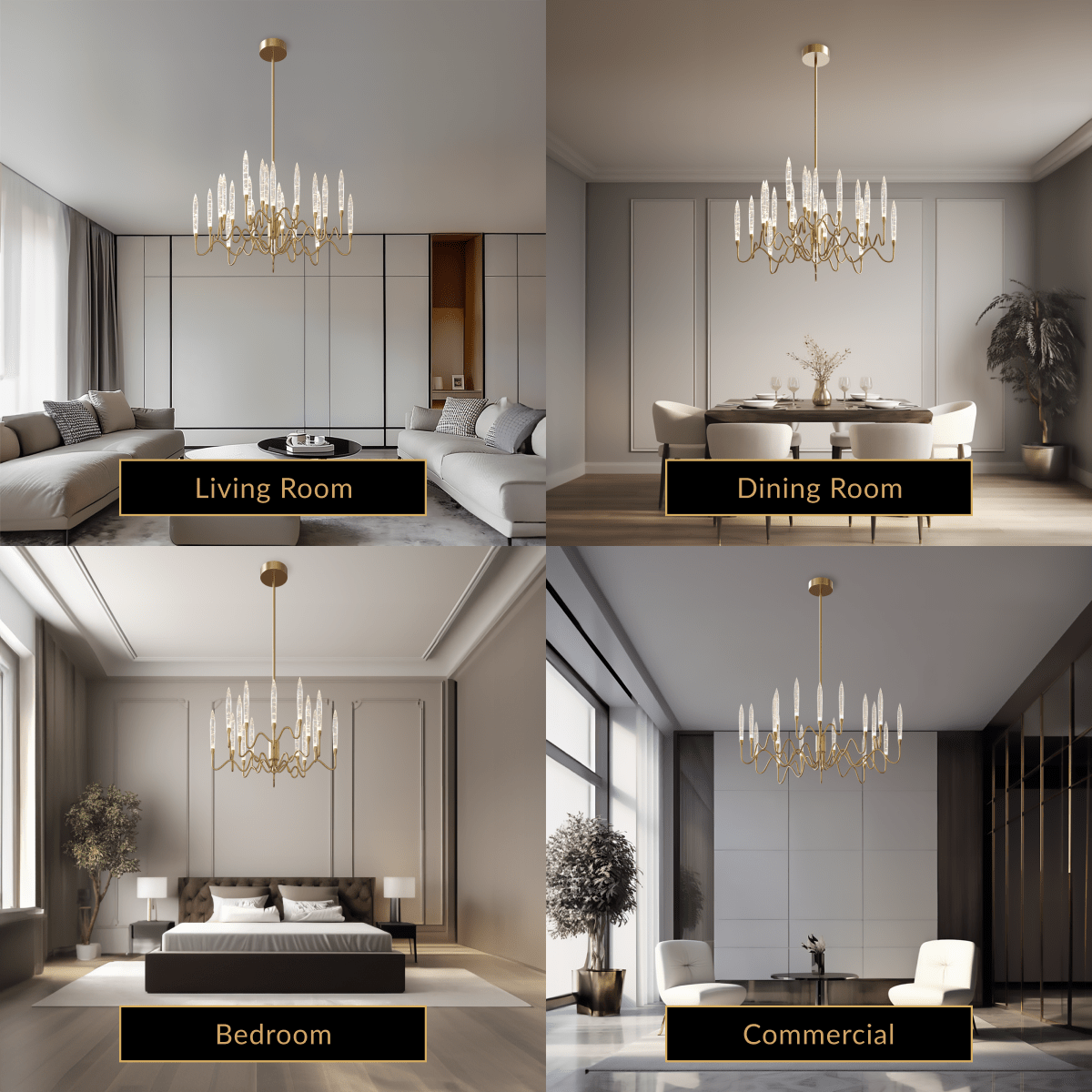 Kanderella gold crystal chandelier shown in four room settings: living room, dining room, bedroom and commercial