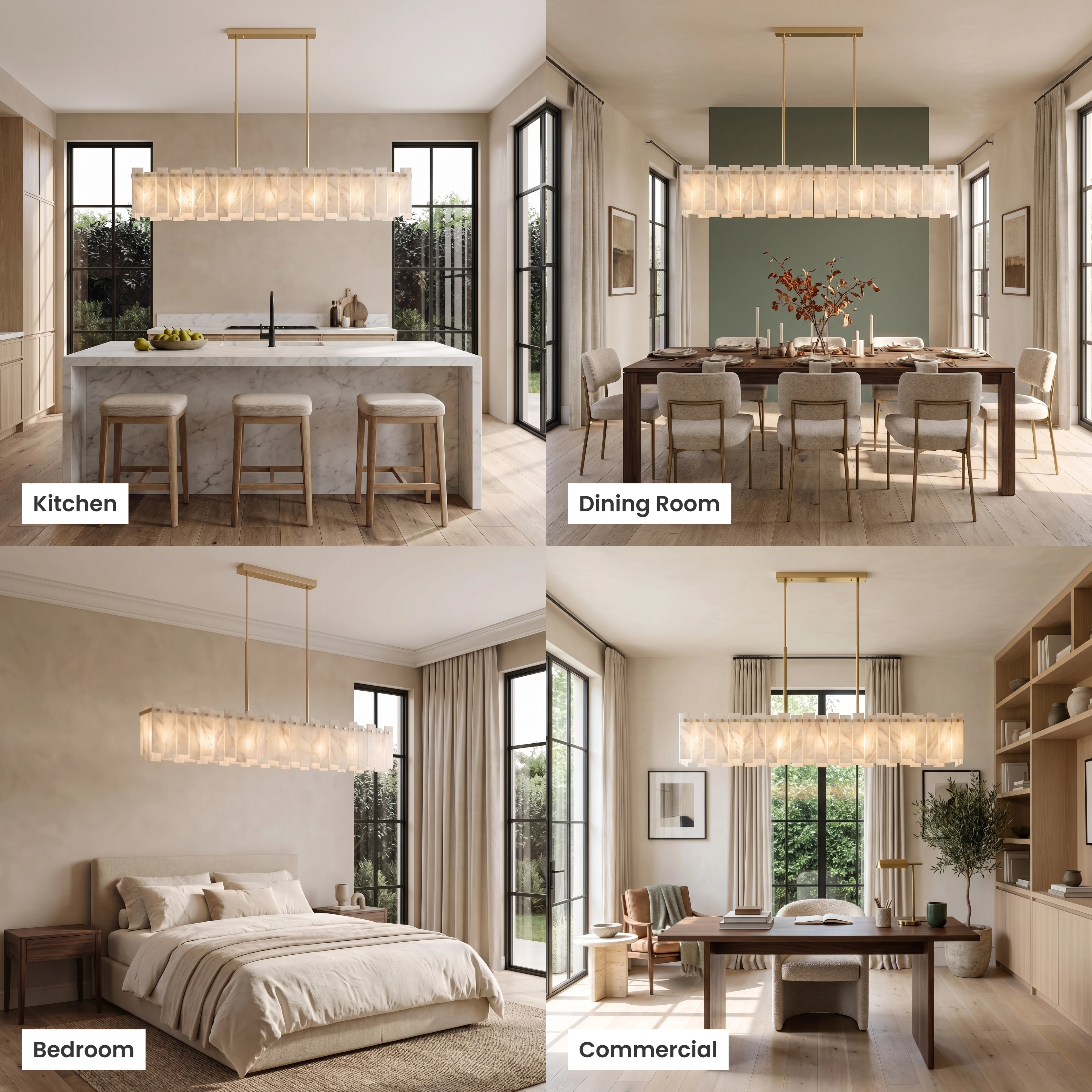 Velina Pendant gold linear alabaster fixture shown in living room, dining room, bedroom and commercial settings