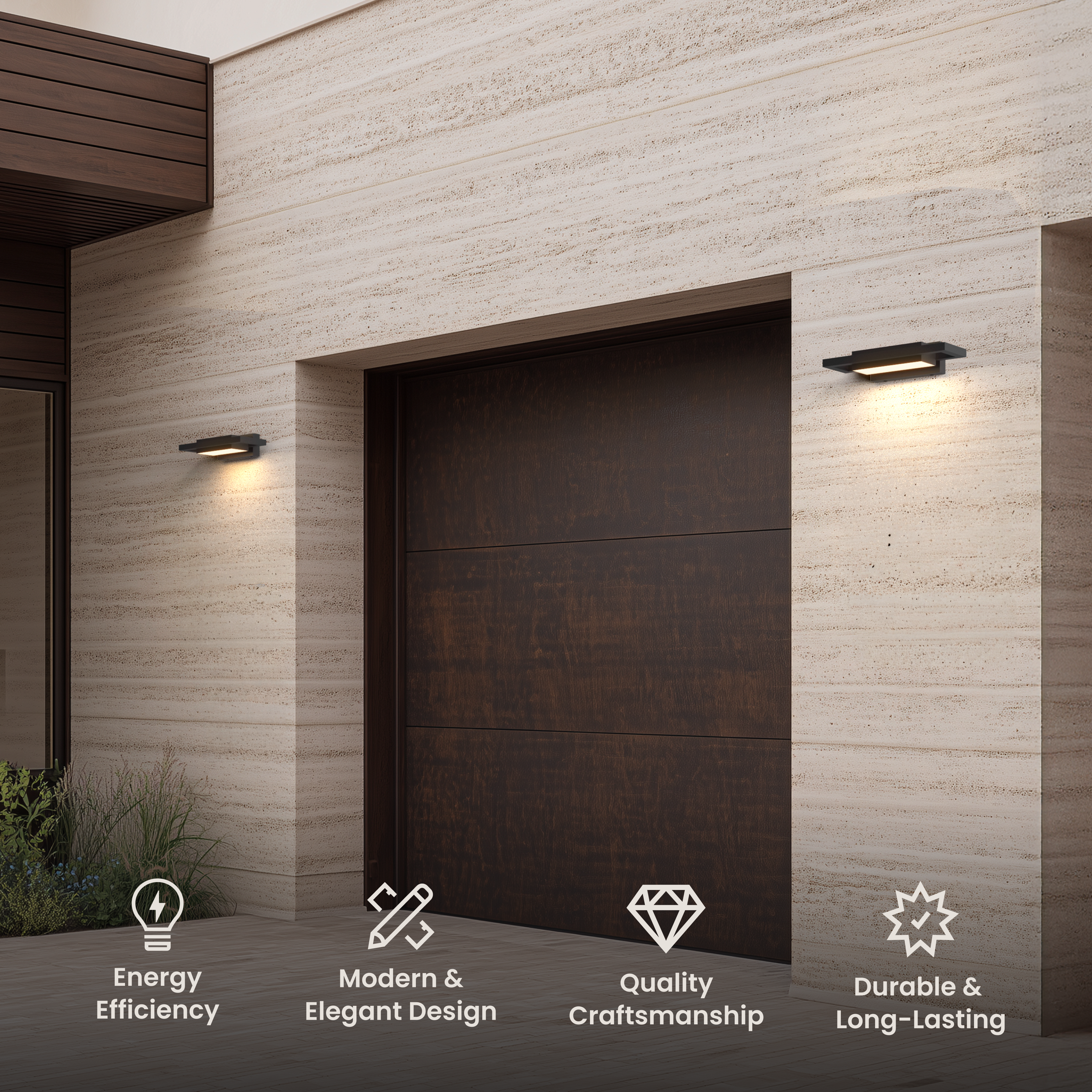 Brooklyn Smart black stainless outdoor sconces flanking a garage door, with feature icons