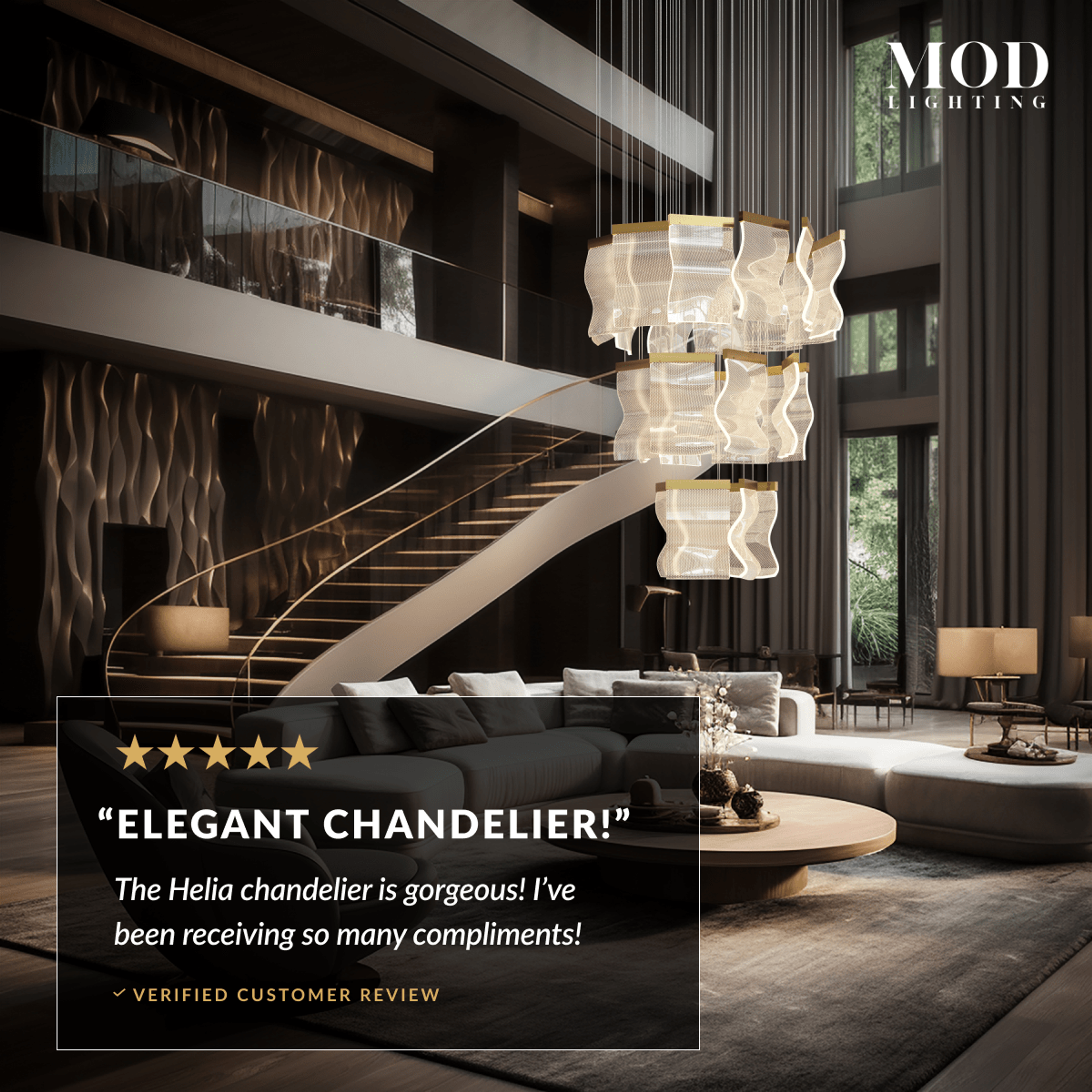 Helia tiered glass-panel chandelier suspended in a double-height living room, five-star review overlay