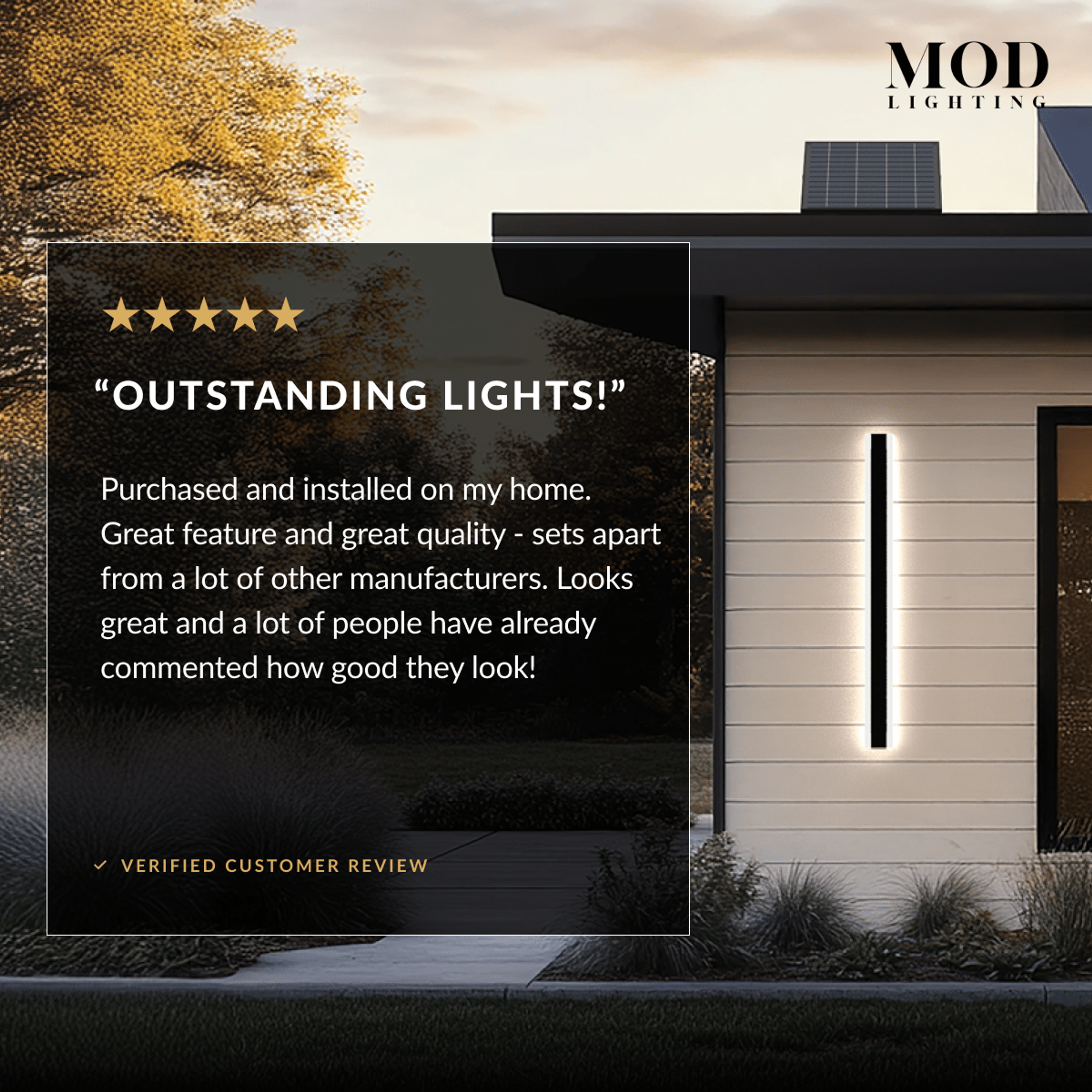 Haylen solar wall light, single lit black bar on a house exterior at dusk
