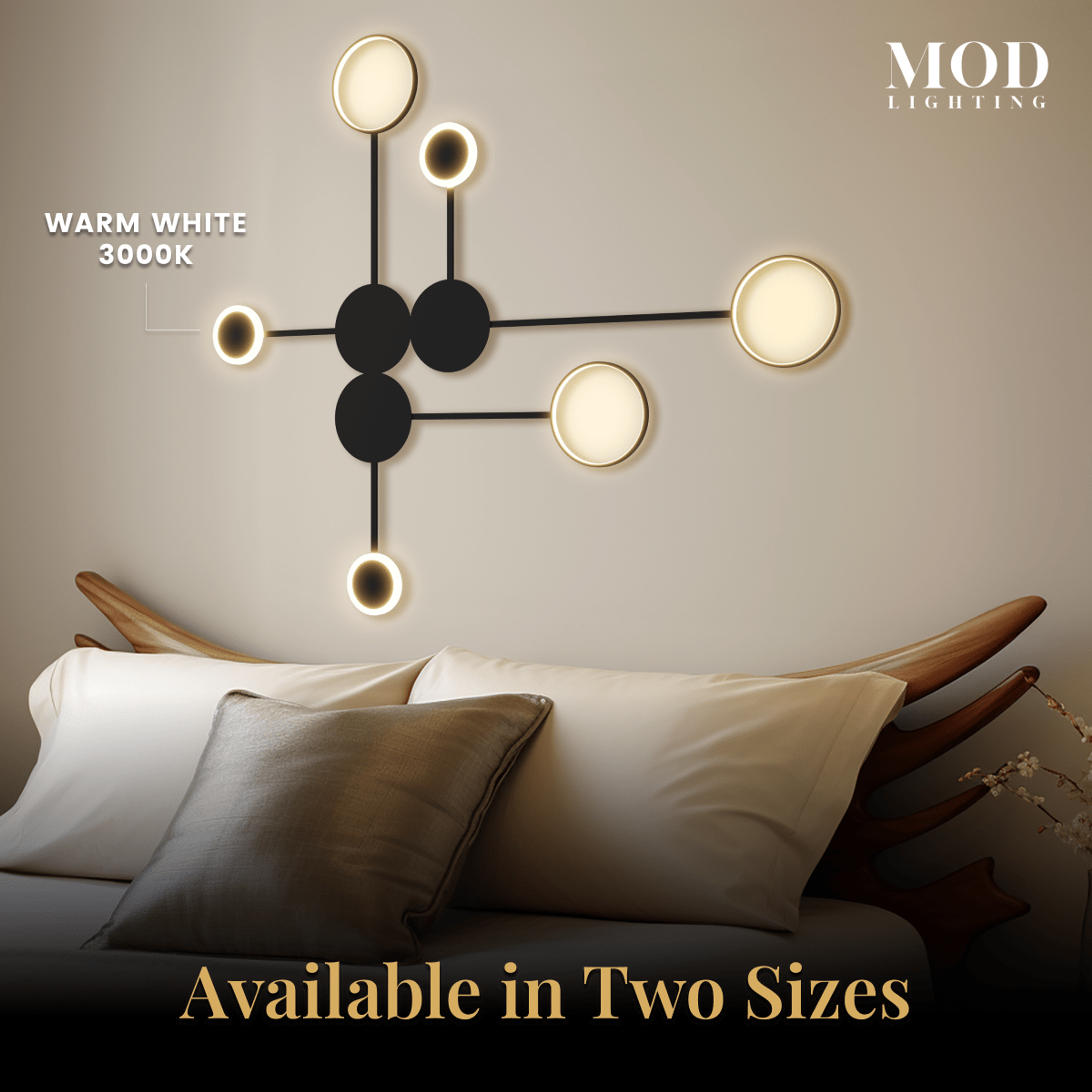 Link wall light Small dimension diagram, 3 discs, 26" length, 17" width, molecular layout