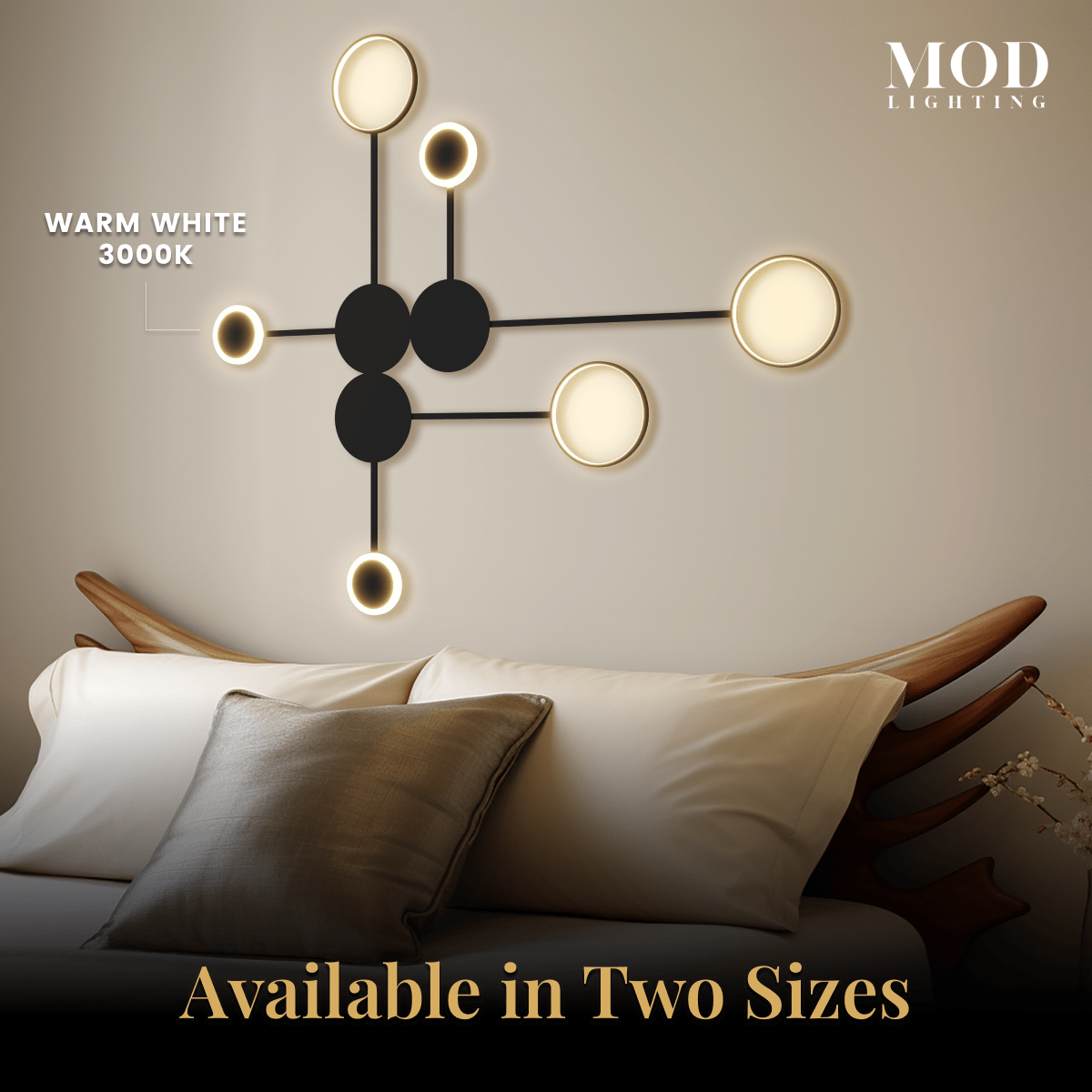 Link wall light Small dimension diagram, 3 discs, 26" length, 17" width, molecular layout