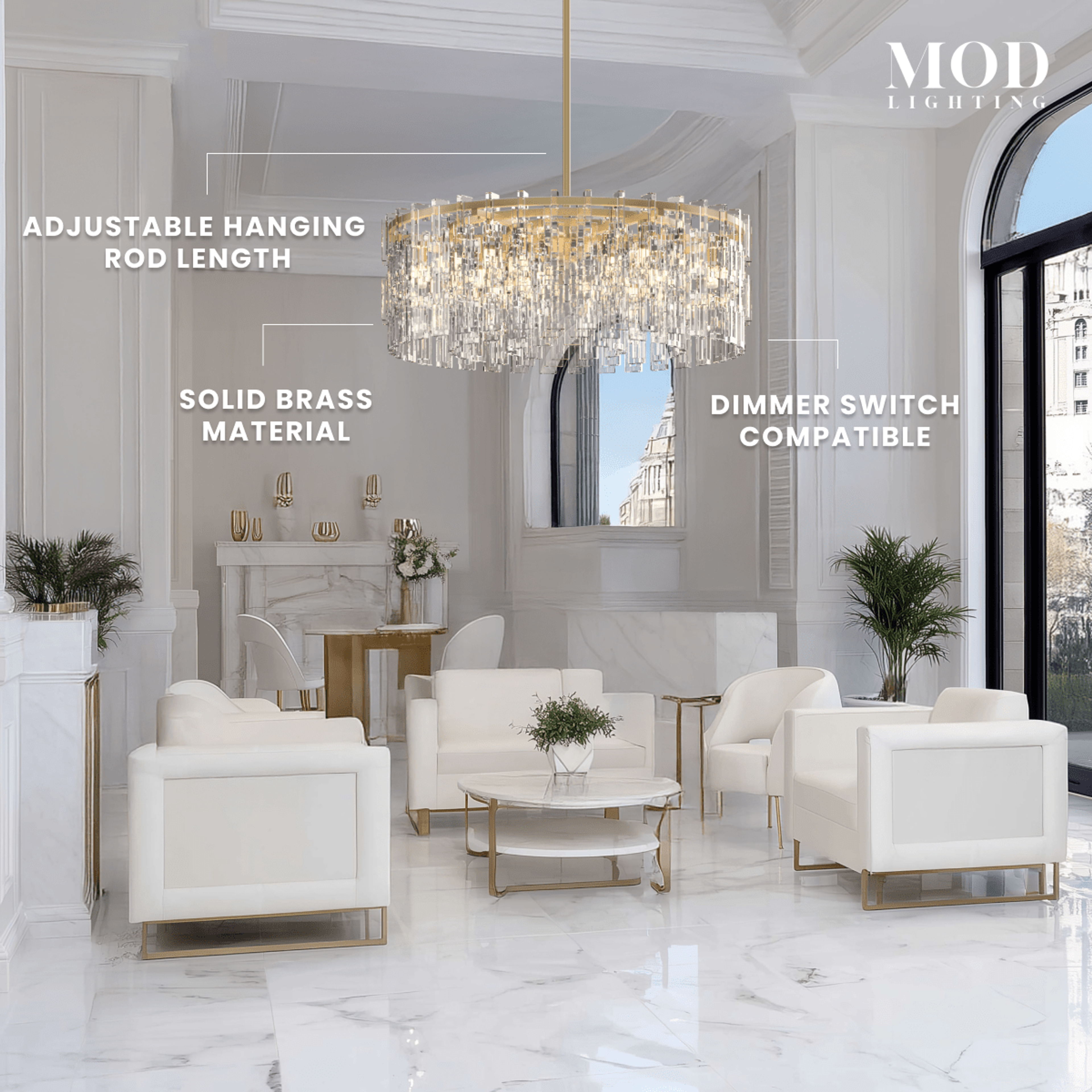 Radiance brushed-gold drum chandelier with layered clear crystal rods in a living room, noting solid brass and dimmable