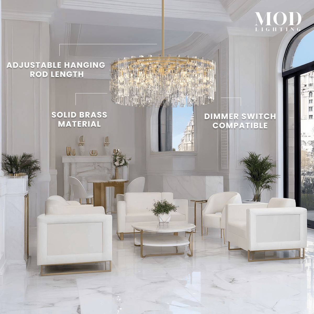 Radiance brushed-gold drum chandelier with layered clear crystal rods in a living room, noting solid brass and dimmable