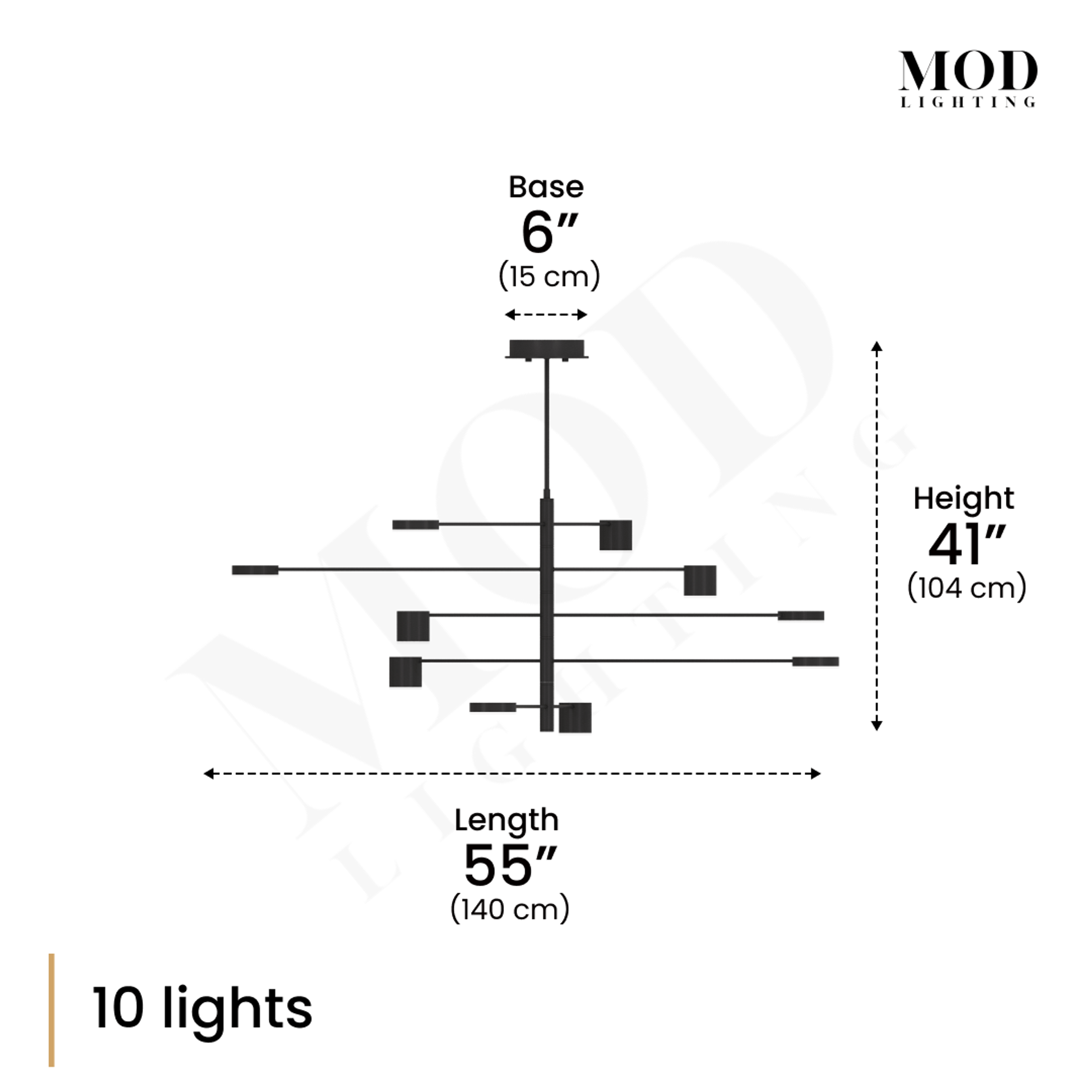 Lynx chandelier dimension diagram: 10 lights, black finish, staggered horizontal arms, 55 in length, 41 in height