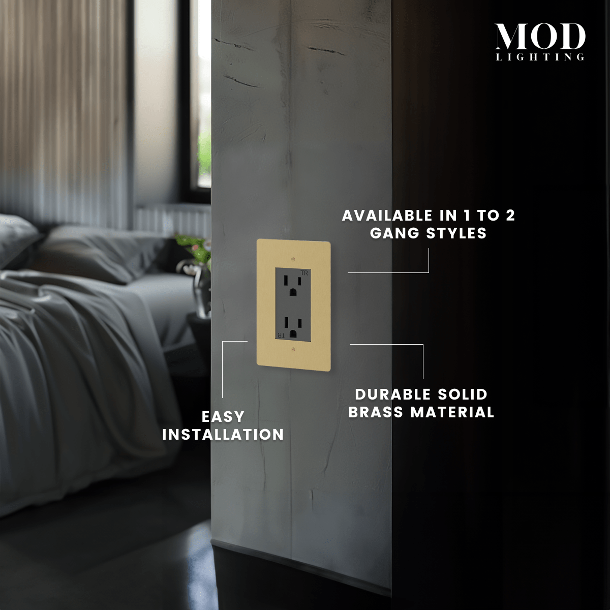 Modern Wall Outlet in brushed-gold solid brass, labeled 1 to 2 gang and easy install