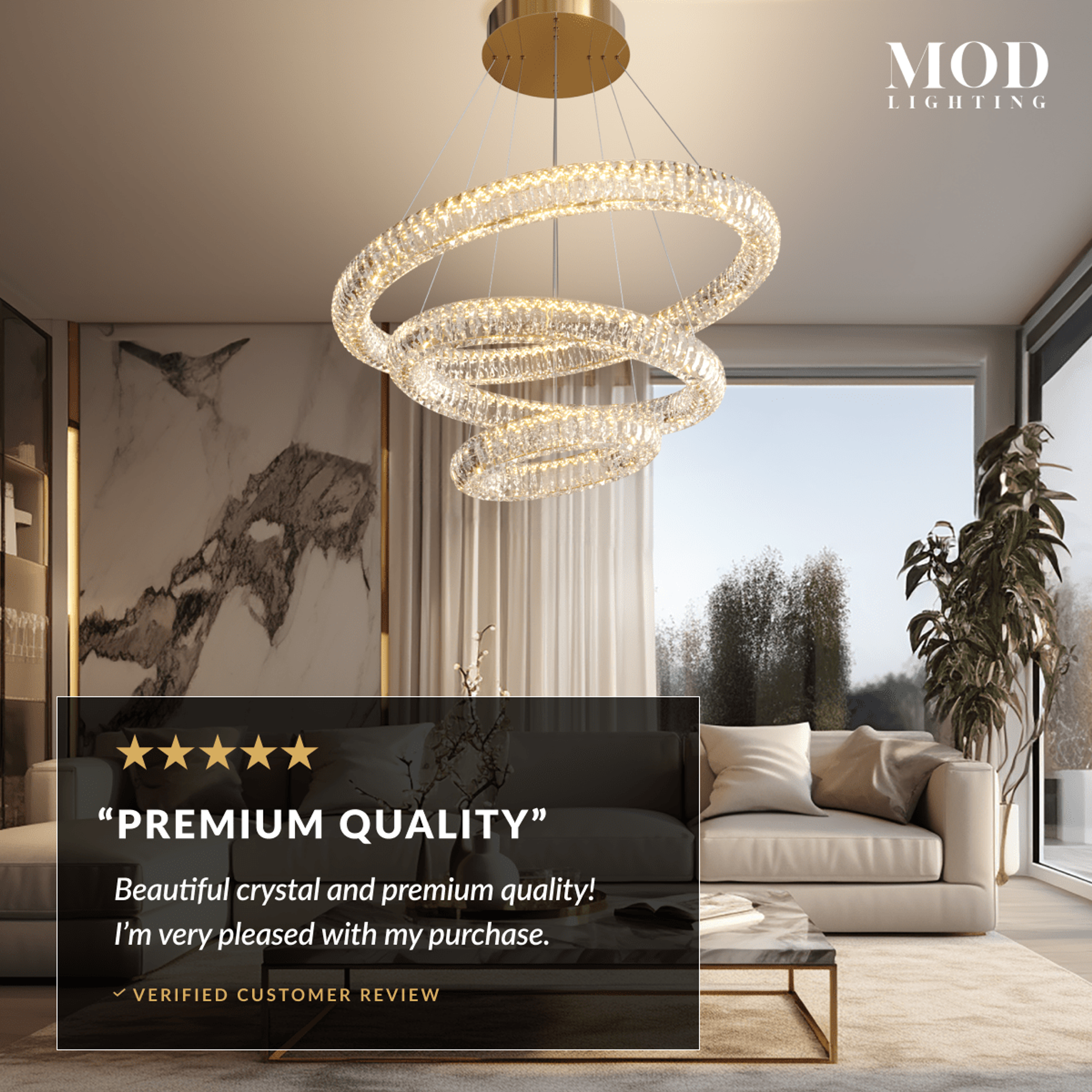 Arina gold crystal ring chandelier hanging in a two-story living room, five-star review overlay
