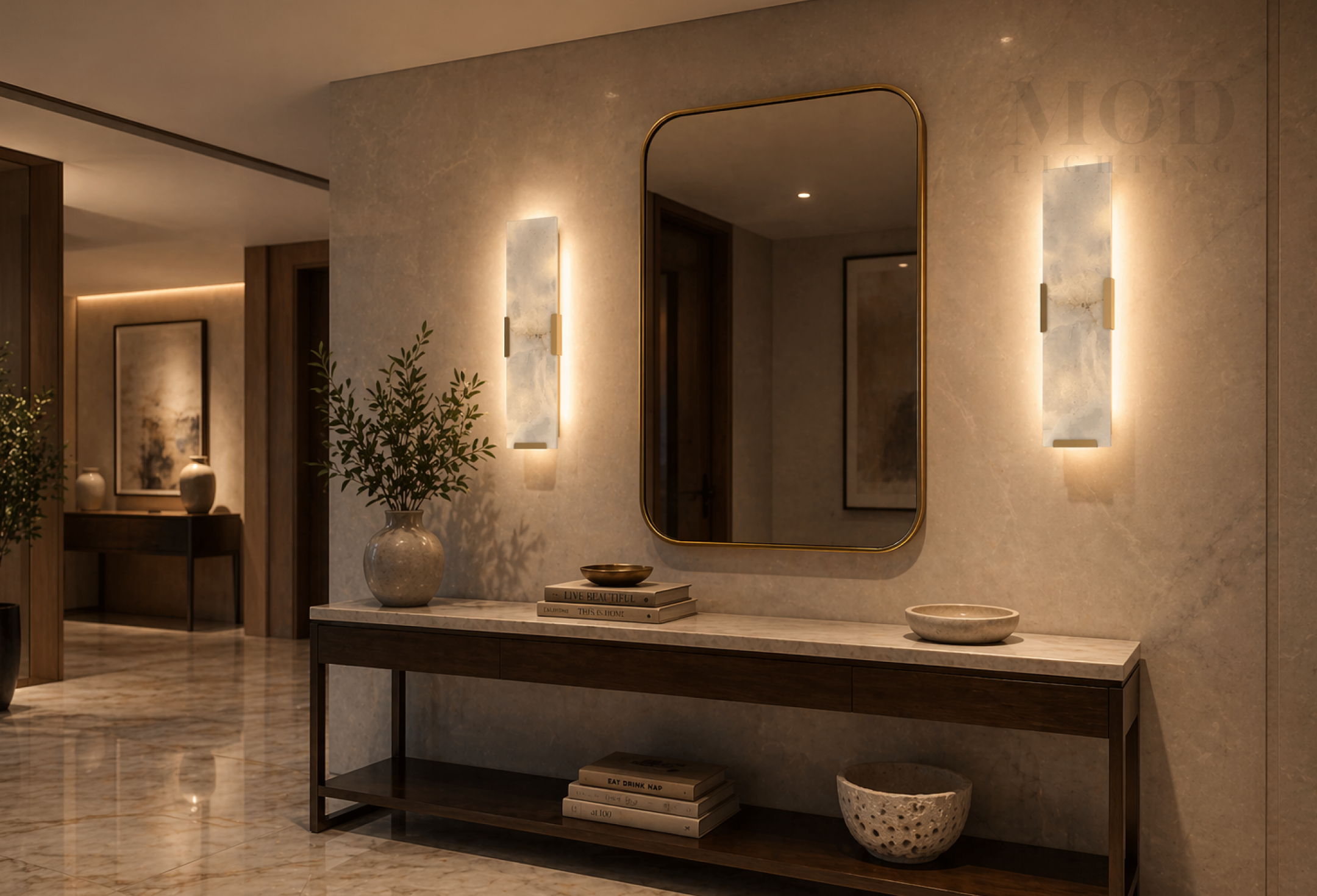 Wall sconces lining a hallway, warm pools of light creating depth