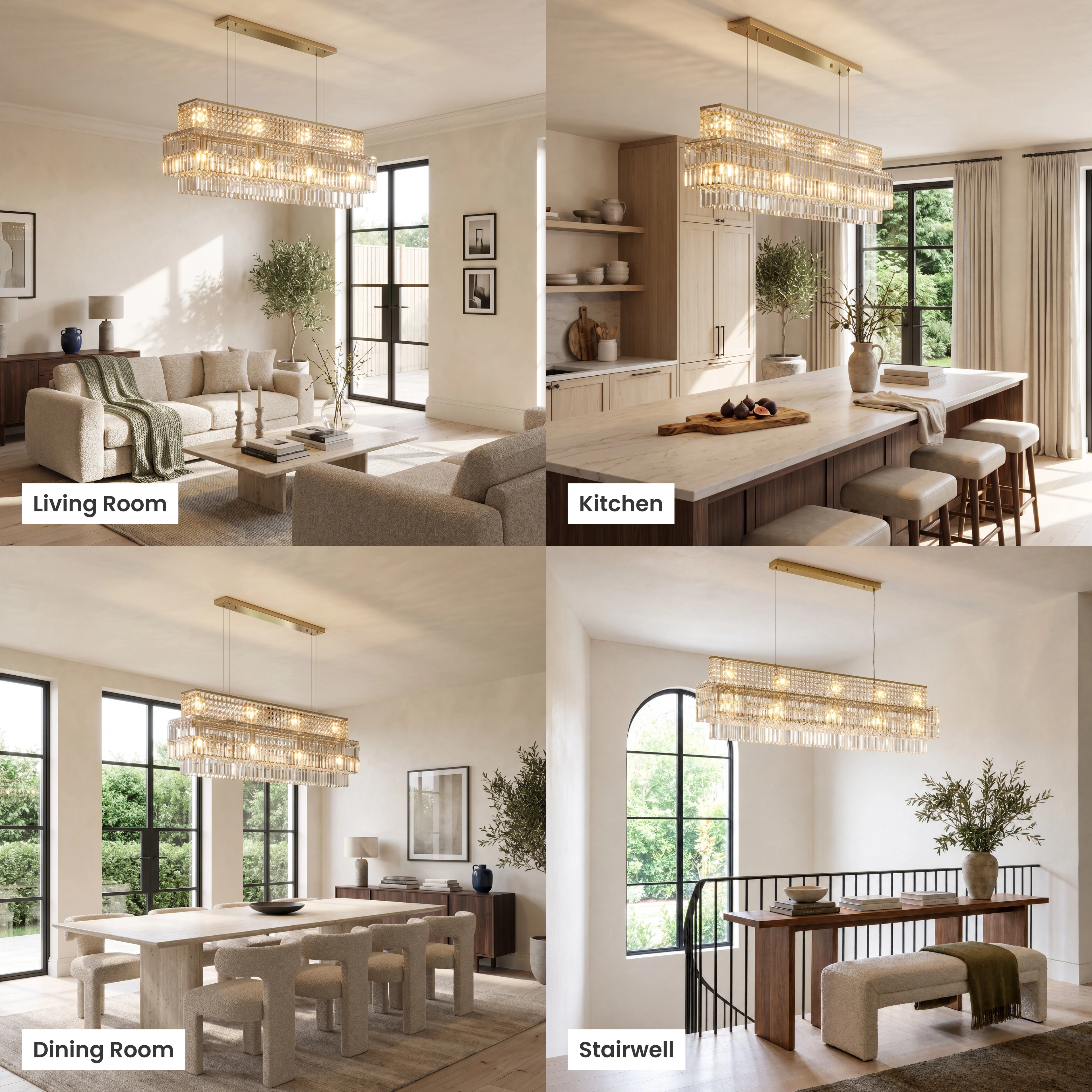Krystal rectangular crystal chandelier shown in living room, kitchen, dining room and commercial settings