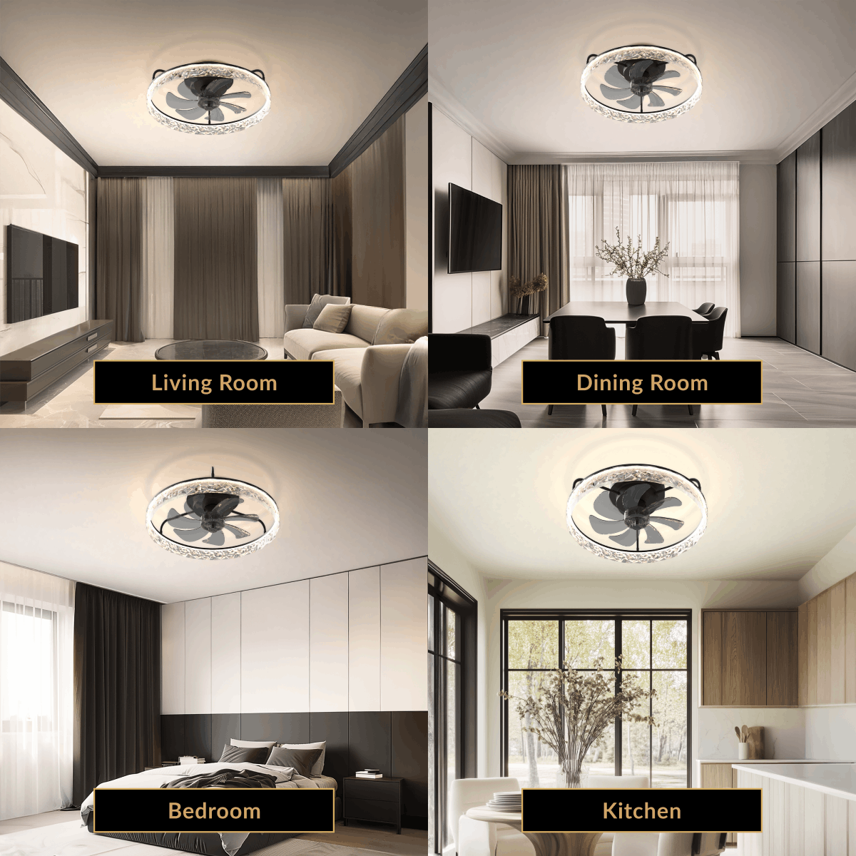 Ventara crystal-ring ceiling fan light shown in living room, dining room, bedroom and kitchen settings