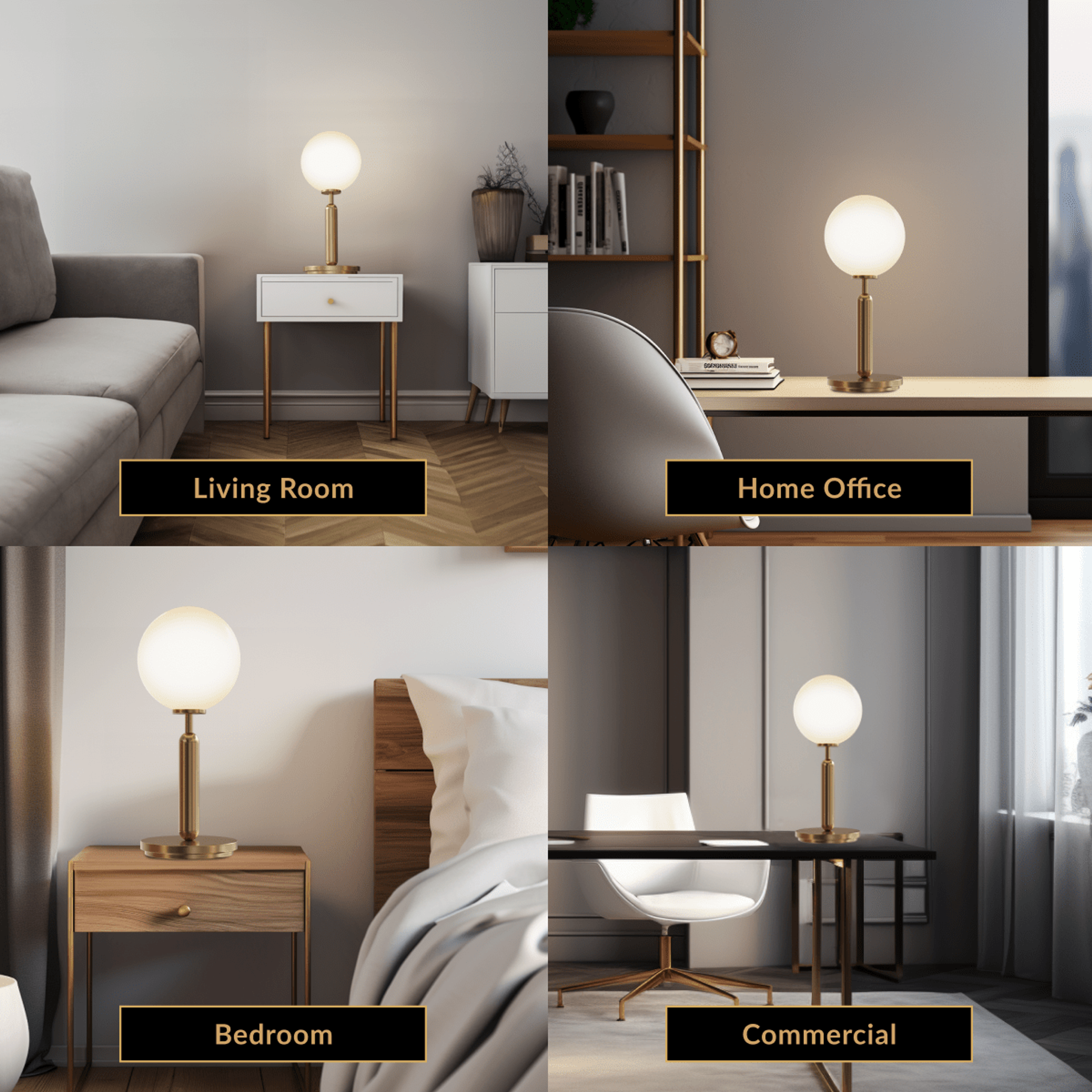 Angelica gold table lamp, single white opal-glass globe on a brass stem, shown in four room settings