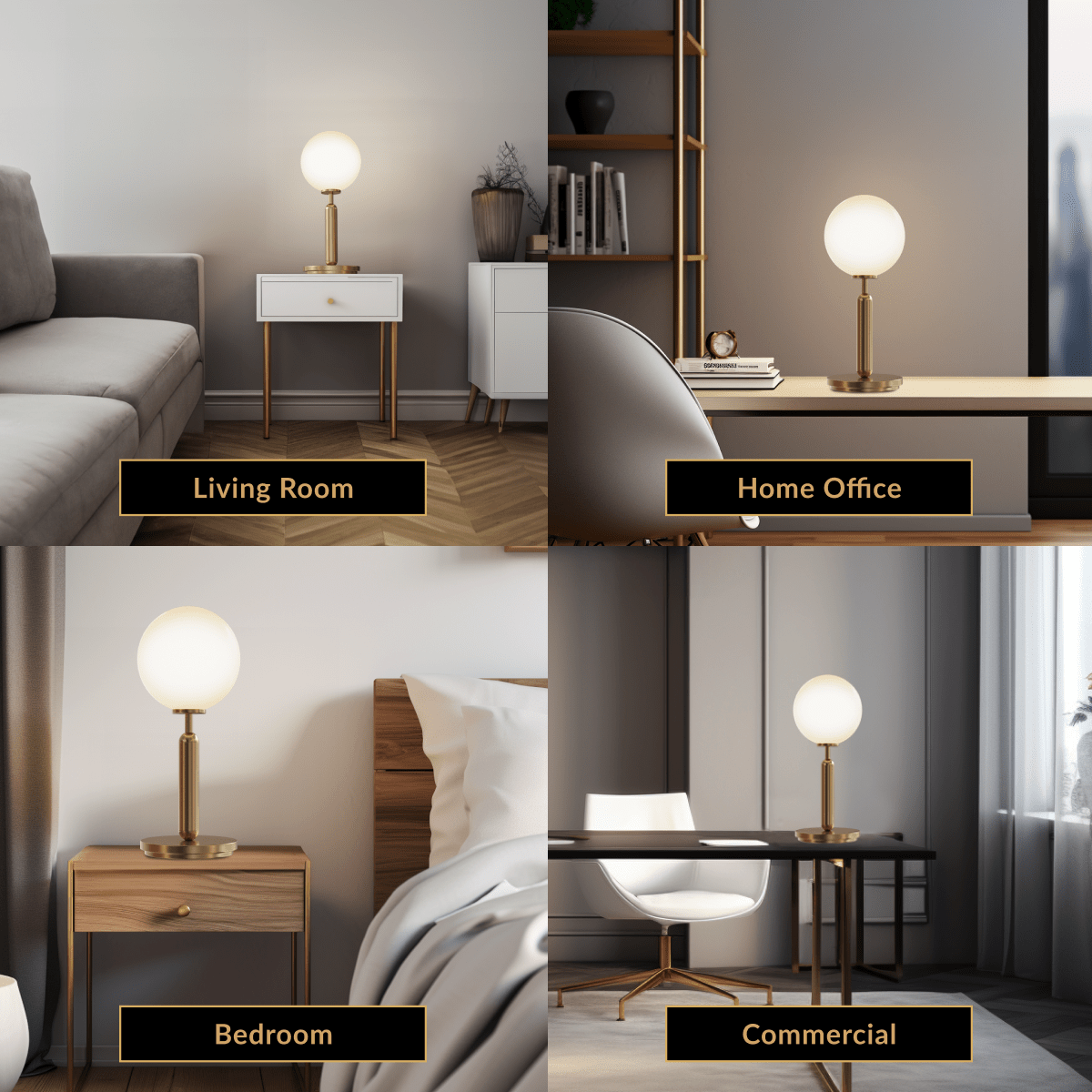 Angelica gold table lamp, single white opal-glass globe on a brass stem, shown in four room settings