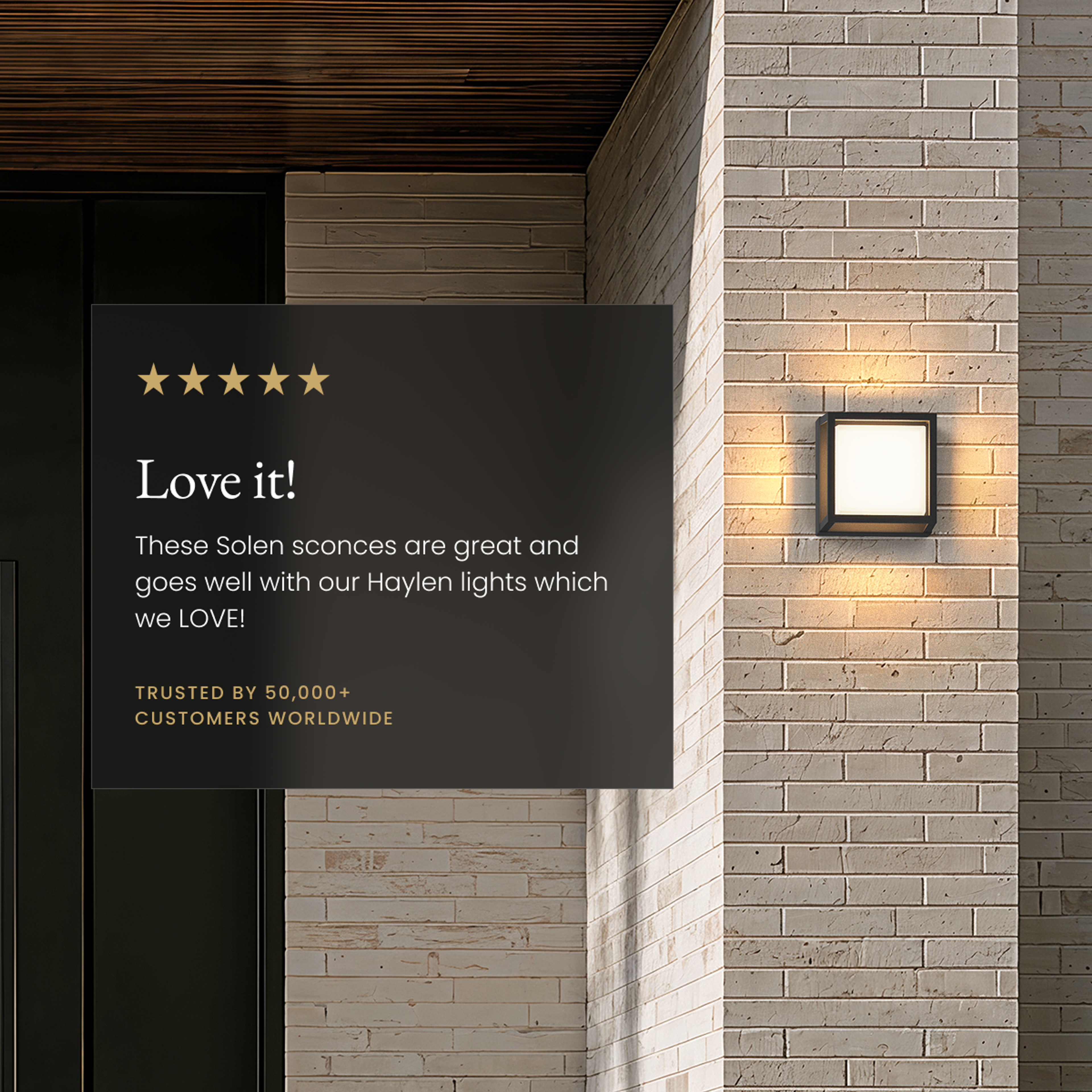 Solen matte-black square outdoor sconce on a stucco wall, weather-resistant and anti-rust callout with weather icons