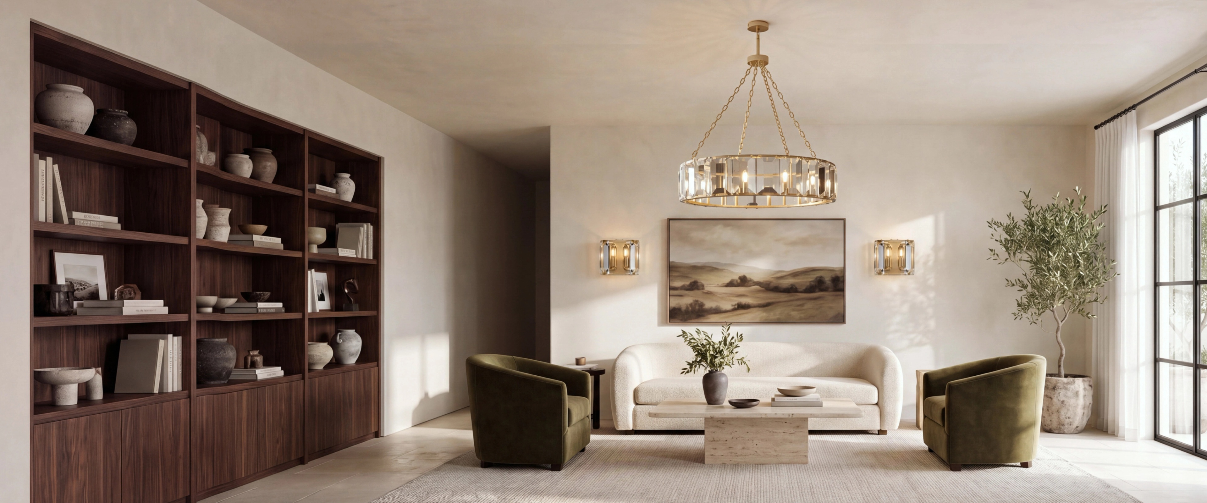 MOD LIGHTING Solara brass and crystal chandelier over a cream-toned living room with olive armchairs