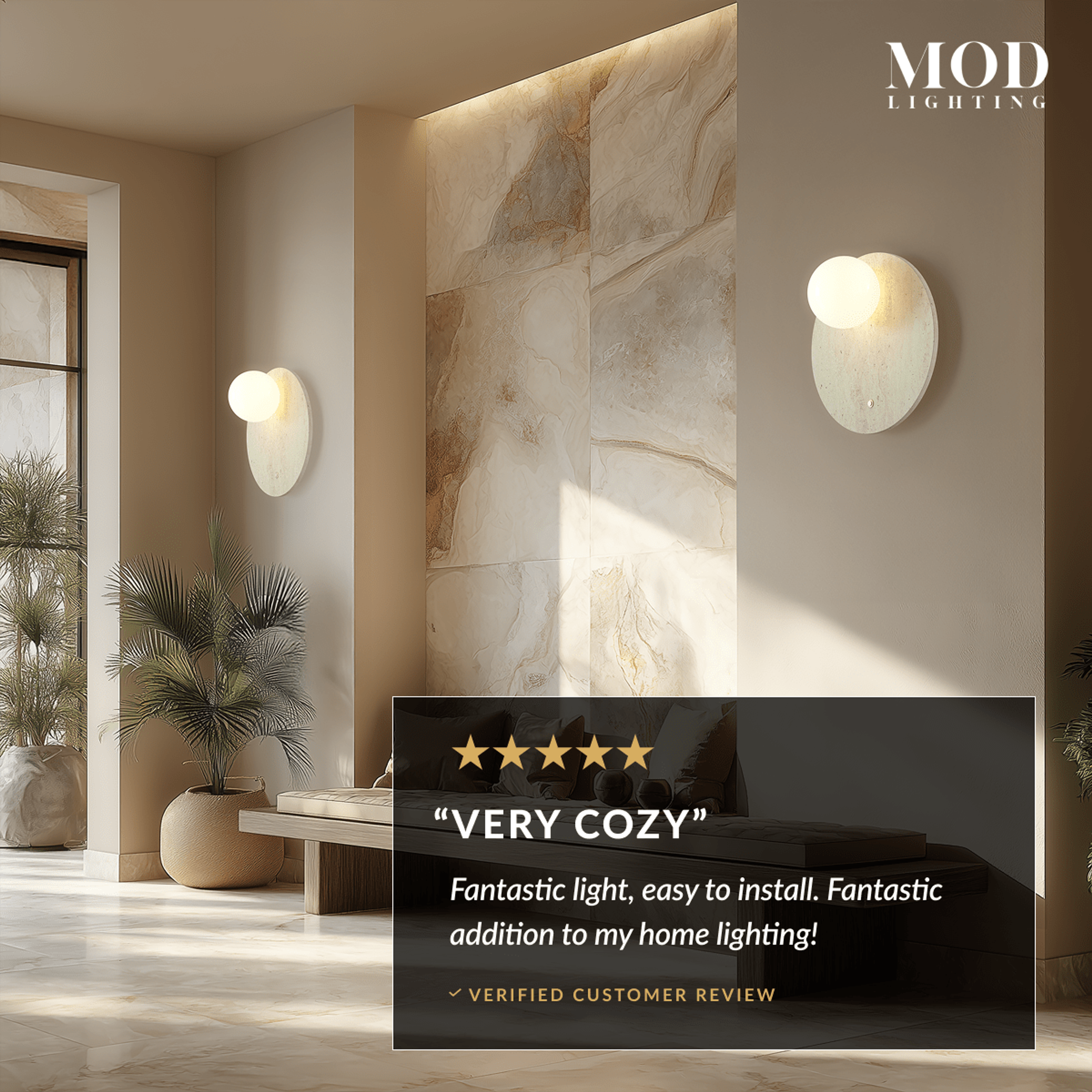 Arabella Sconce travertine stone wall lights, stone discs with glass orbs in a stone-clad room, with a "Very cozy" review