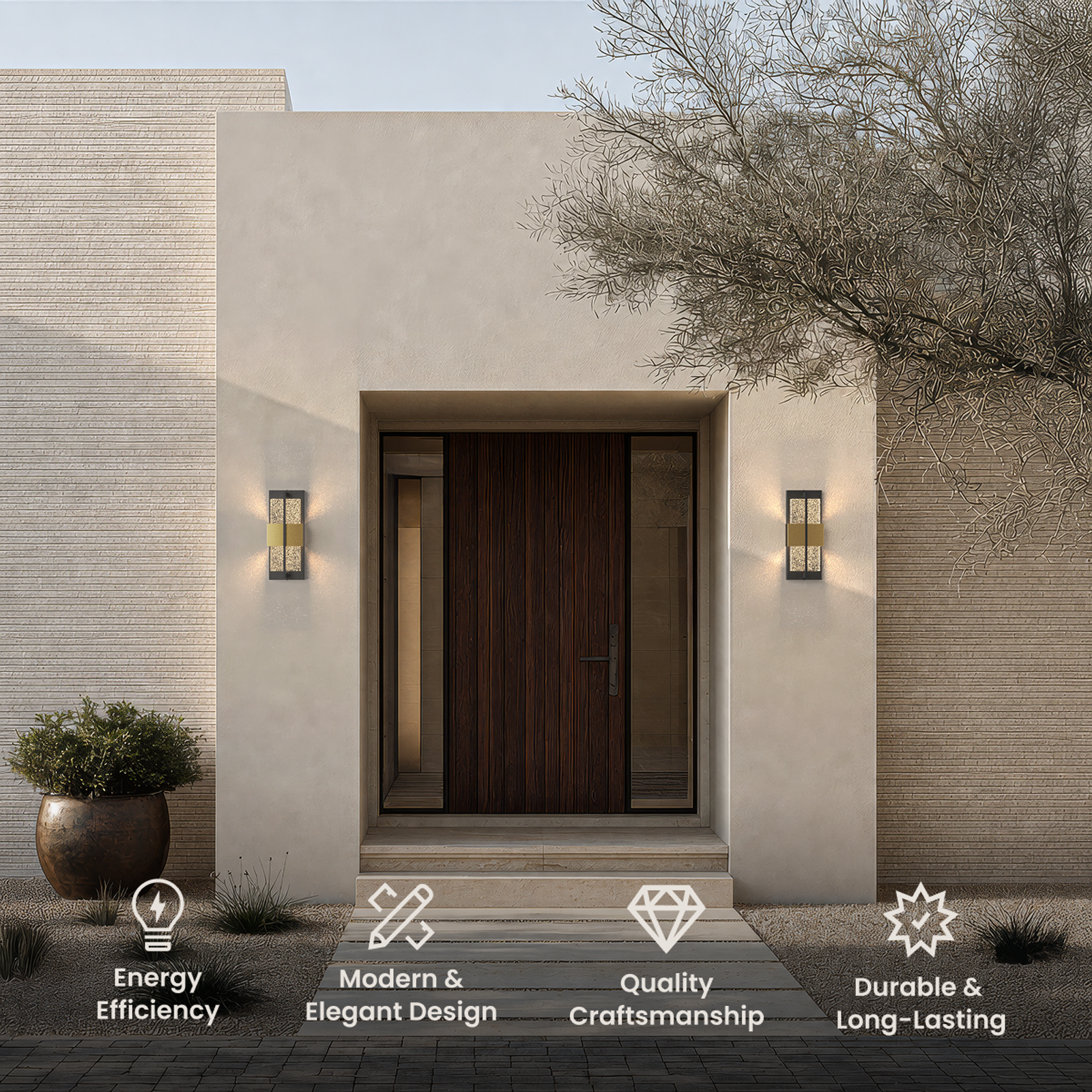 Mesa black and brass outdoor sconces flanking a wood front door, with feature icons