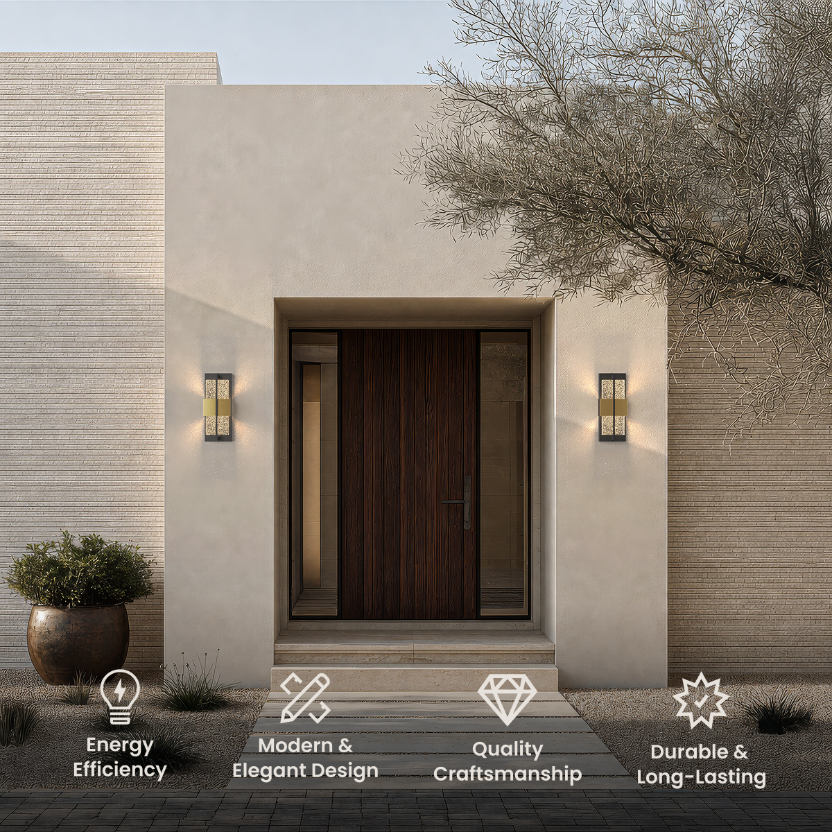 Mesa black and brass outdoor sconces flanking a wood front door, with feature icons