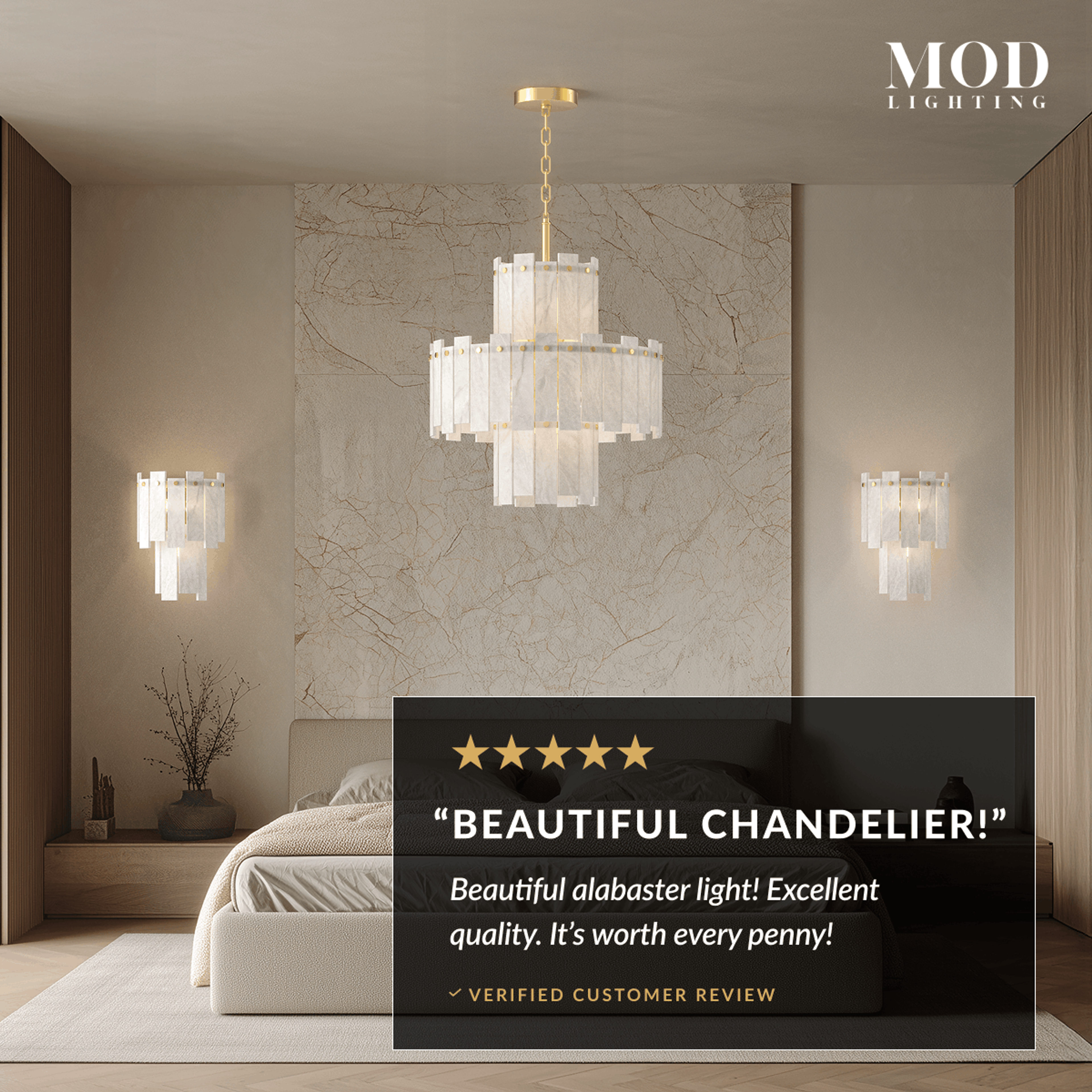 Velina gold alabaster chandelier with layered translucent panels above a bed in a neutral bedroom