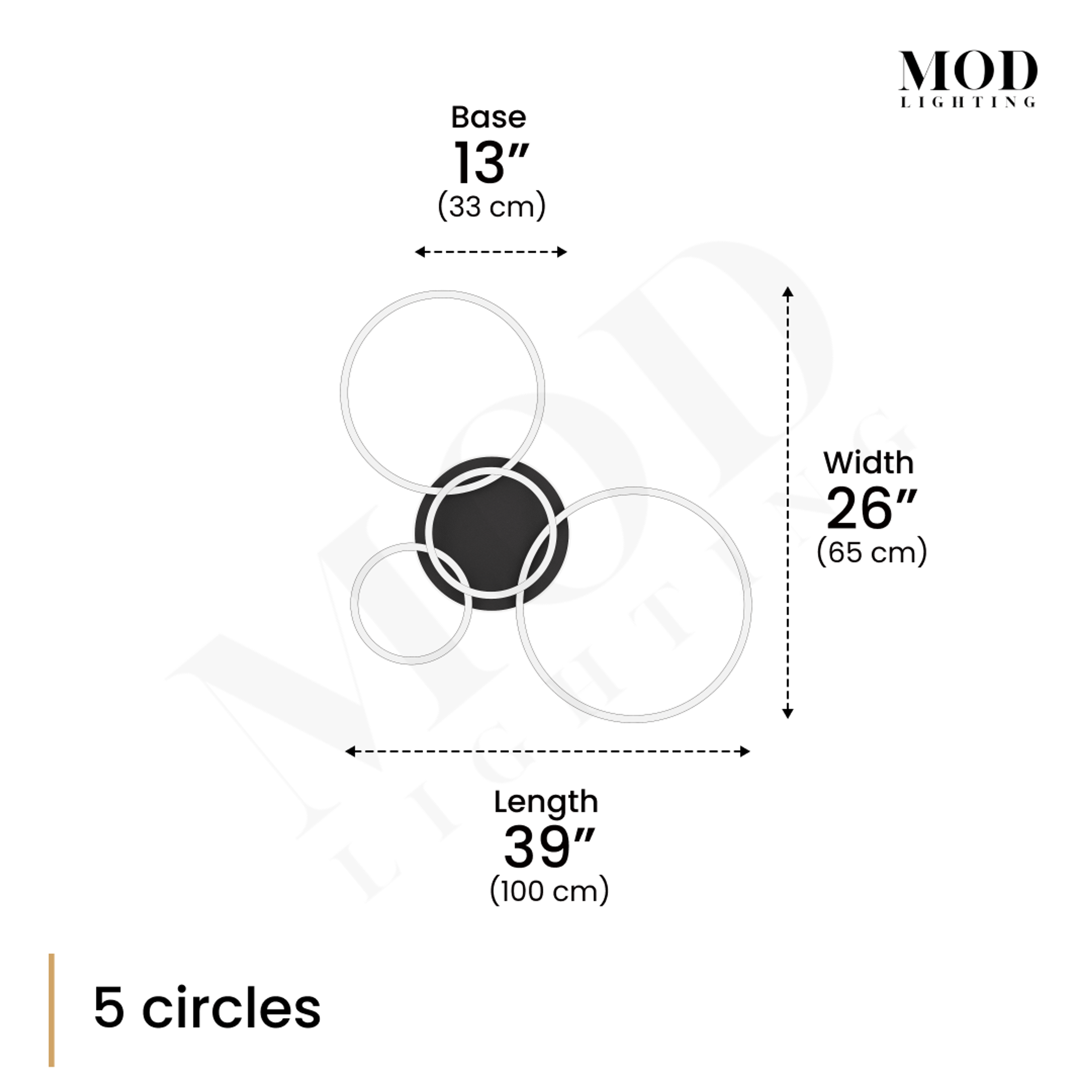 Chloe 5-circle ceiling light dimension diagram: 39 in long, 26 in wide, 13 in base