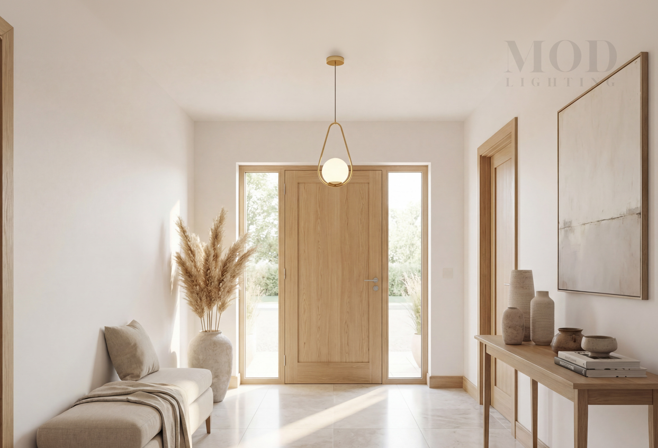 Minimal brass pendant in a clean modern entryway