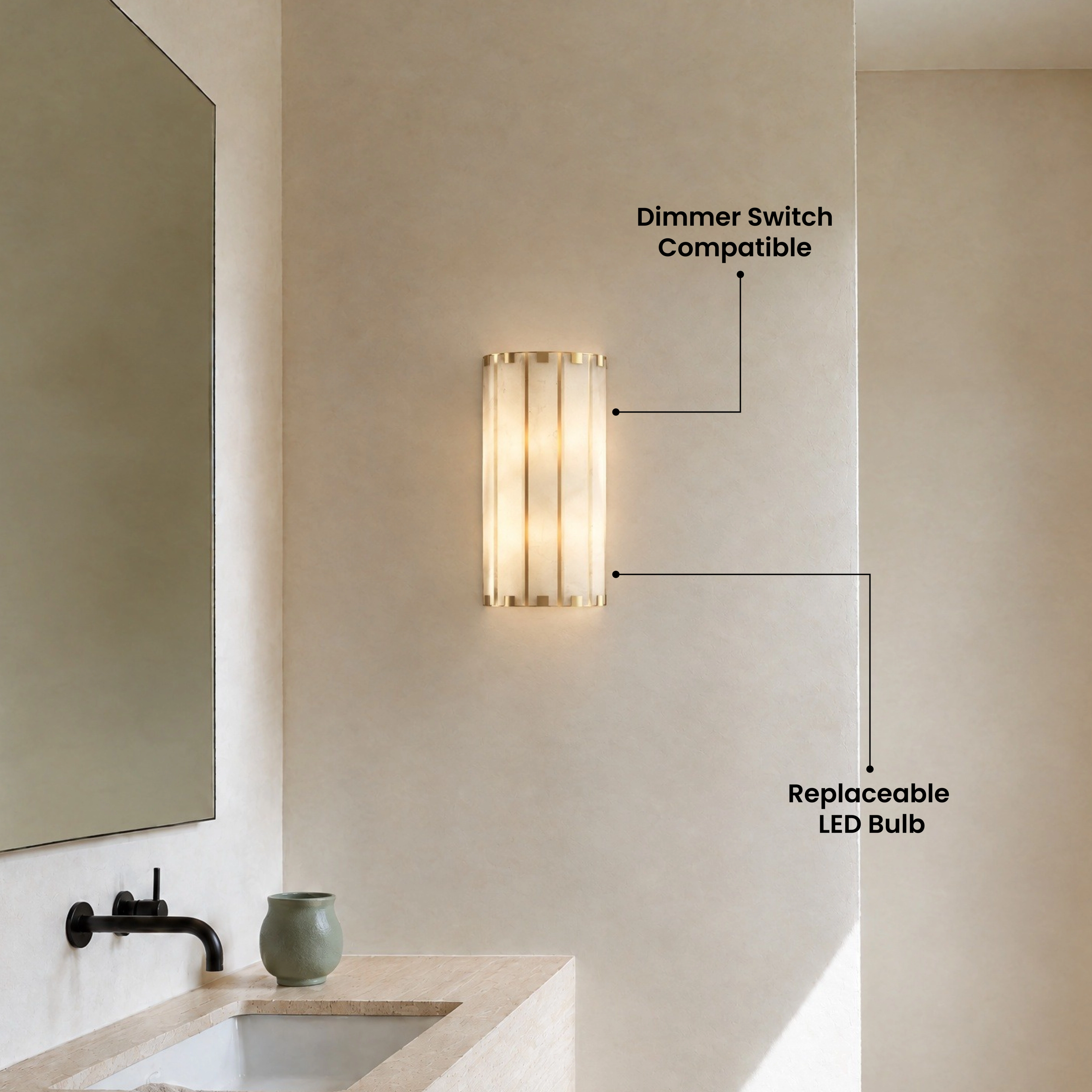Nala alabaster bar wall sconces flanking a bed with a stone headboard wall in a warm bedroom