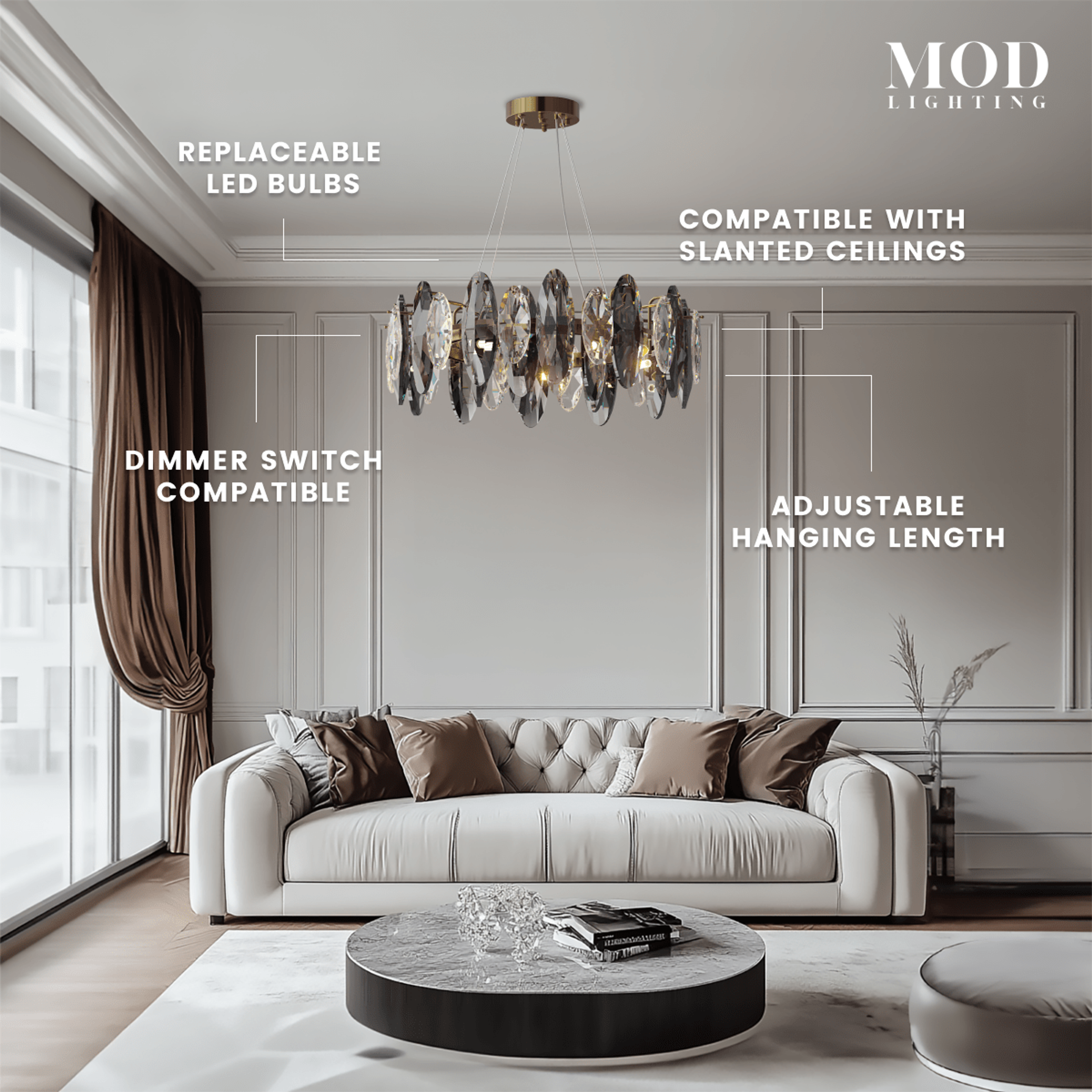 Celestial gold and smoke-crystal chandelier over a living-room sofa, labeling dimmer, LED and slant features