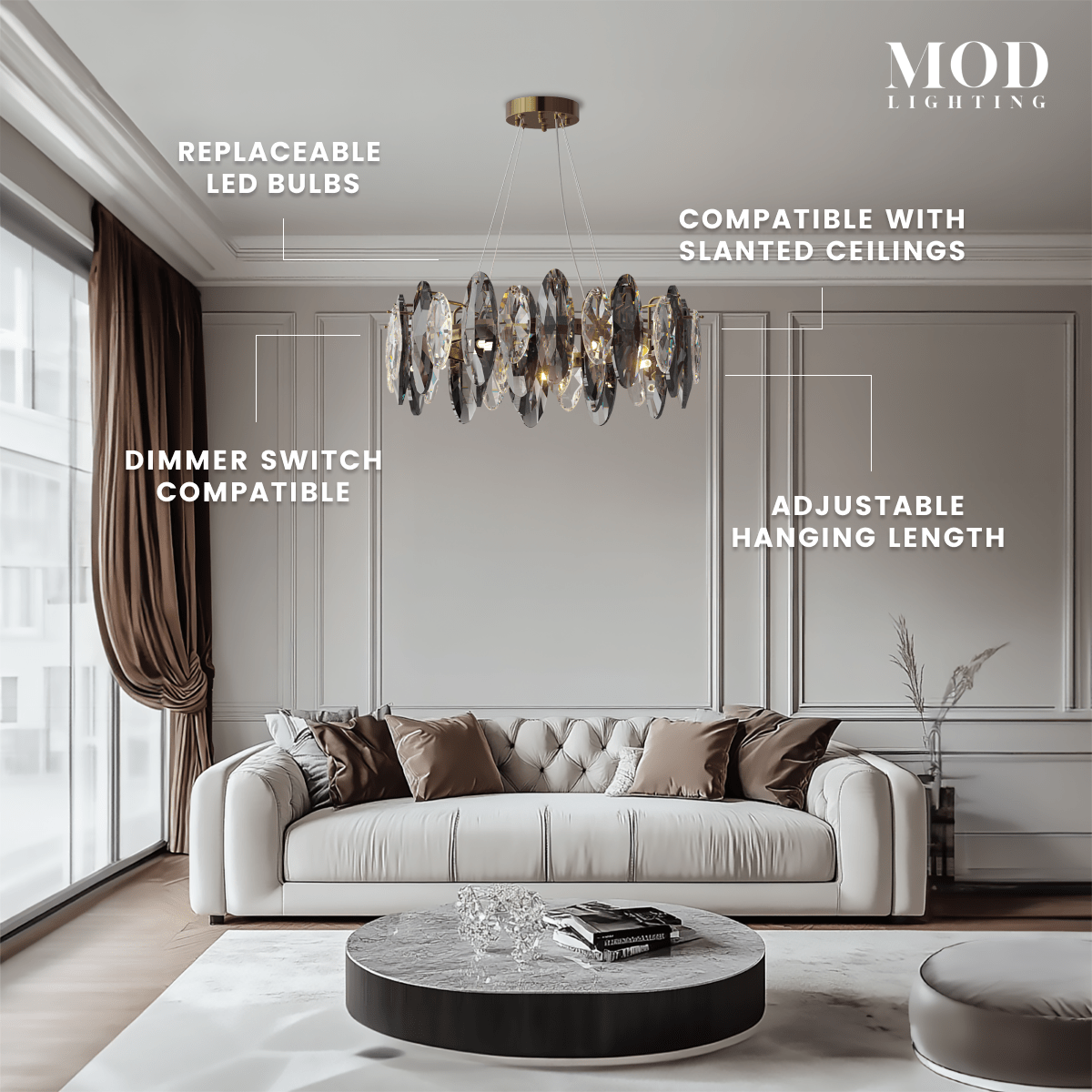 Celestial gold and smoke-crystal chandelier over a living-room sofa, labeling dimmer, LED and slant features