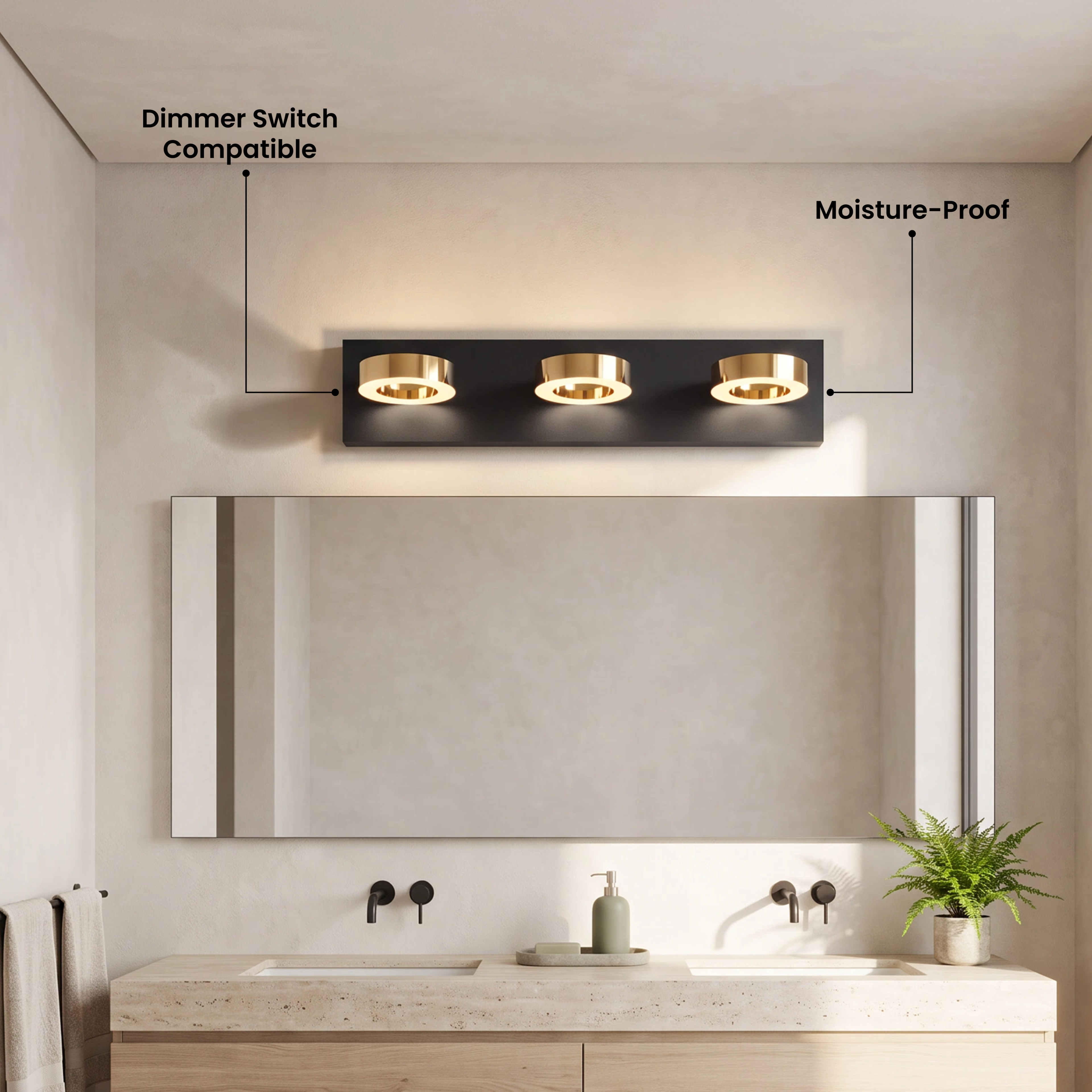 Aurora black bathroom light with three gold-ringed lights over a mirror above a black vanity, with review callout