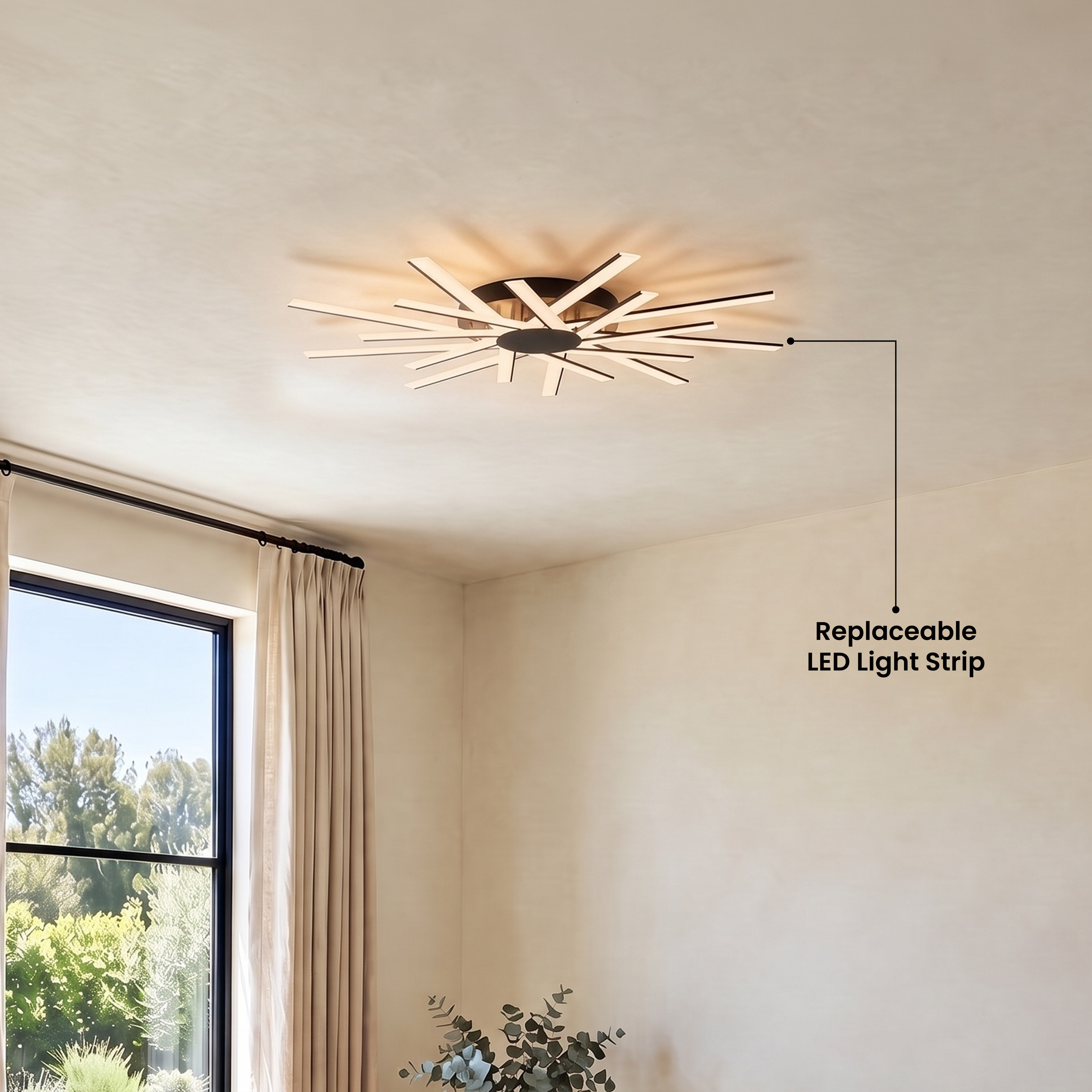 Sparkle ceiling light, gold sunburst LED fixture on ceiling above a dining nook